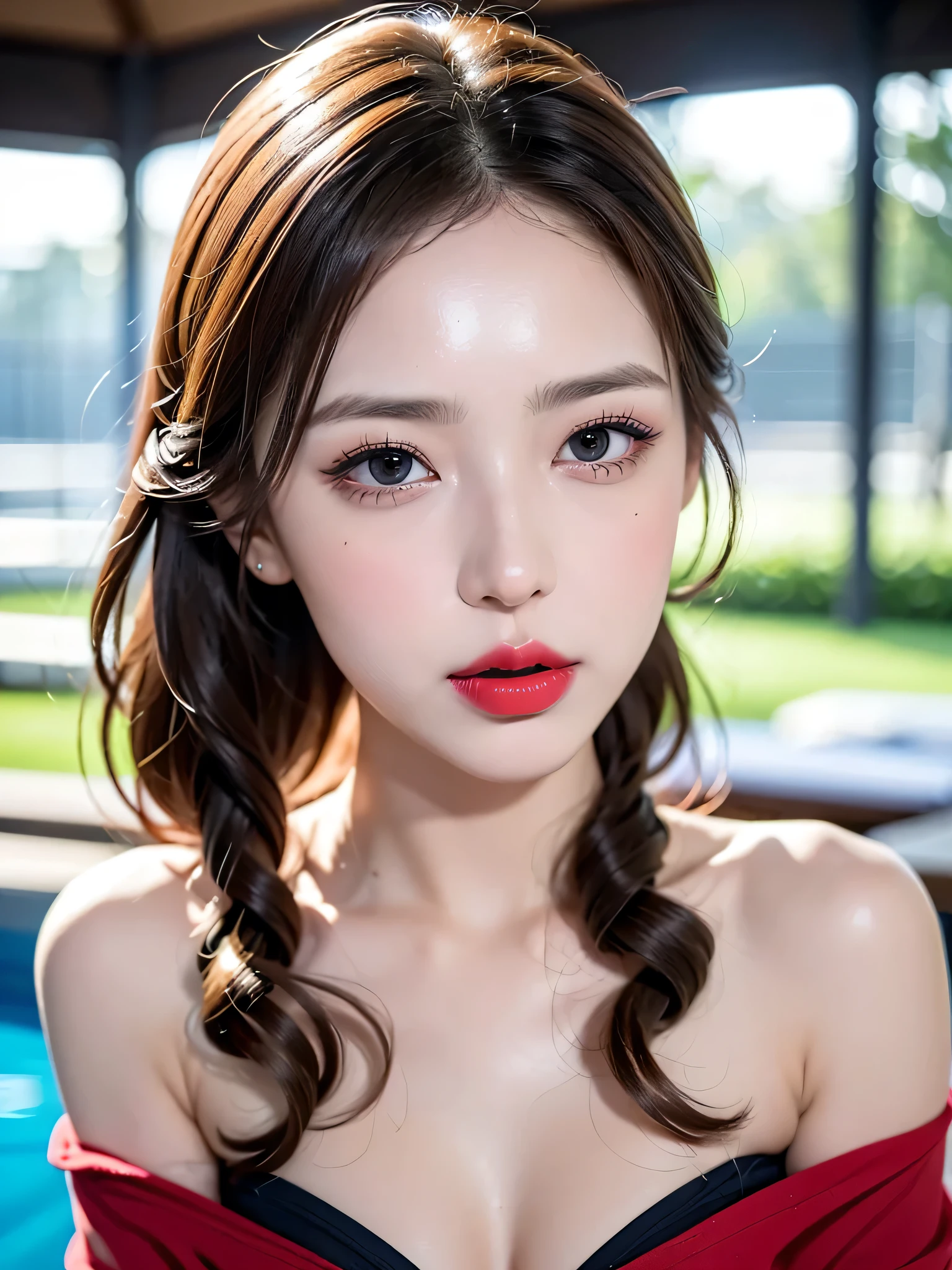 ((Near the huge summer pool)), Real、8k、 ((Anatomically correct)), ((Perfect balance)) , 28 years old、1 female、 A close-up of her face:0.6, Top quality soft lighting, ((realistic perfectly round brown_eye:1.3、Big Eyes、Dripping eye)), (Light pale complexion), ((Detailed pupils:1.4)), (Perfect Makeup:1.3), (Symmetrical lips:1.3)),(Bright shiny red_lipstick:1.35), ((Blue eyelashes: 1.17)), (Very detailed, Beautiful little nose:1.2), (Perfect composition), ((Sunburned skin:1.28)), ((Oily skin)), ((The blackＹshirt, The blackチューブトップブラジャー) , The background is simple and blue, The gaze is directed downwards at a low angle、 (((Anatomically correct)))、（Perfect Body Proportions)、(Natural Hands、Natural Fingers、Natural Legs)