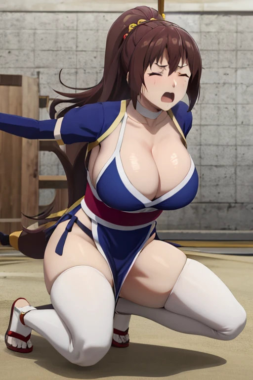masterpiece, best quality, beautiful art, high resolution, well formed hands, body and fingers, 1 woman, solo, Megumin konosuba, grown up, adult, big breasted, cleavage, full body, long hair, hair ornament, gorgeous legs and thighs, blue_kunoichi_dress, white stockings, sleeveless, ryona , in peril, she is being beaten up by her opponent, she is slapped in the face and being slammed against the floor, receiving the impact of her opponent's attacks, closed eyes, screaming in pain and agony, ryona and perilous scene, bouncing breasts, weak and helpless, martial arts tournament on the beach