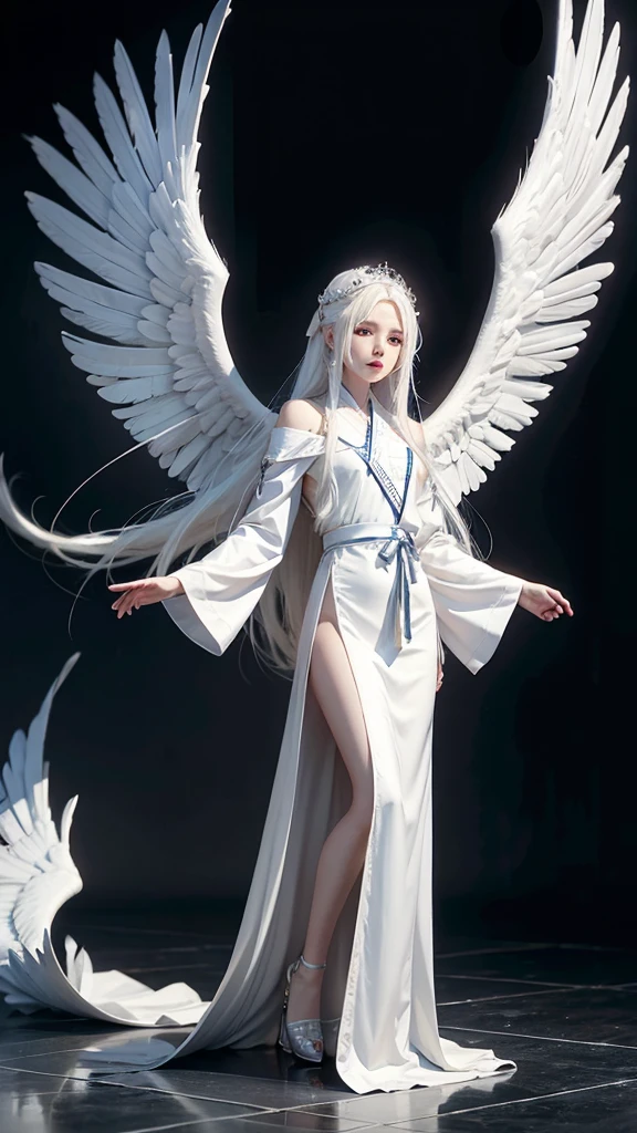Long, pure white hair. Has wings, wears wings first white robe, masterpiece, top quality, 8K, real person, realistic, very high density CG, shiny skin, perfect focus, heaven, glory of God, shine, angel, blessing, happiness,