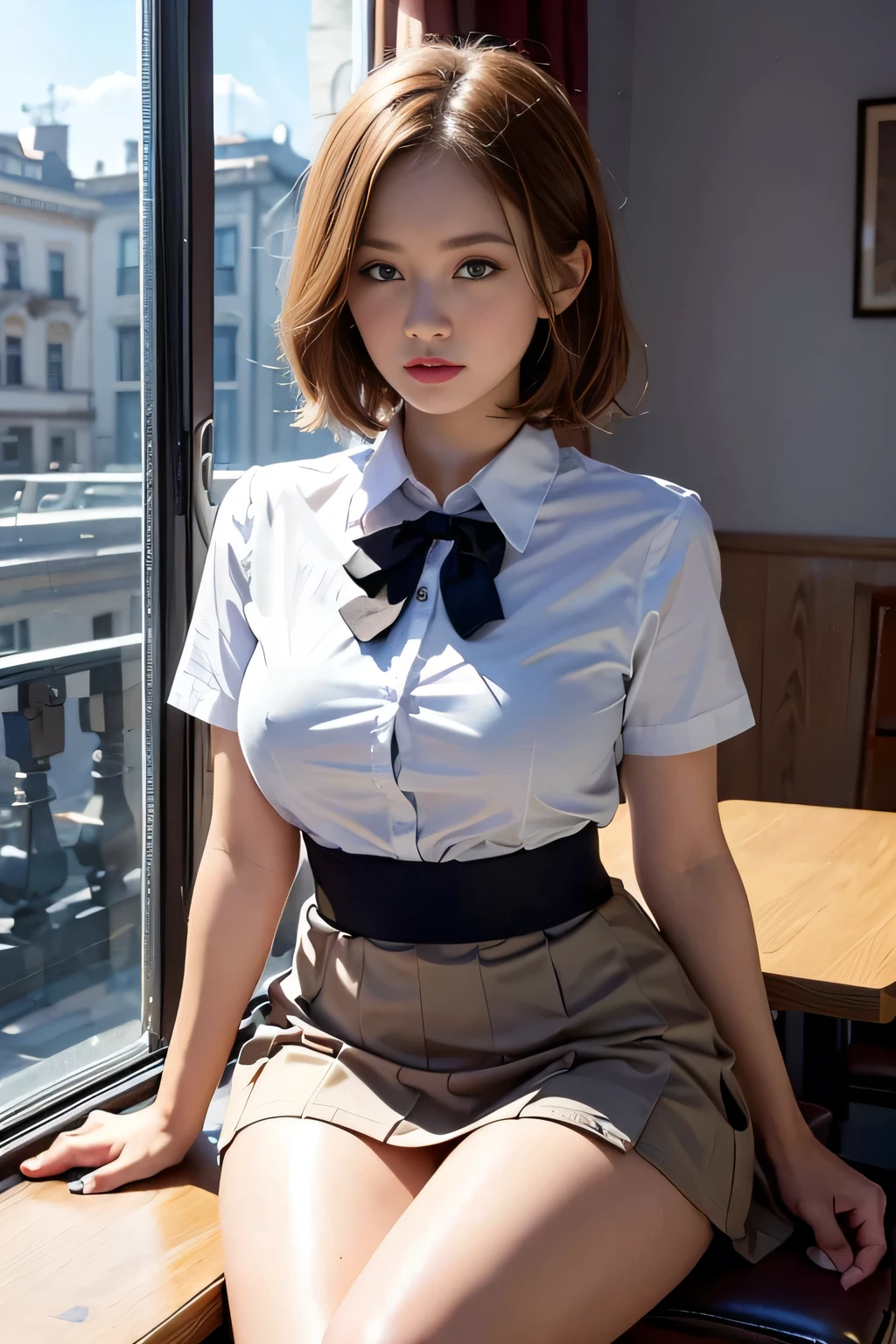 top-quality, masterpiece, high-detail, 16k image, Beautiful , Medium bob hair,beautiful hair of light brown color, beautiful eyes of light brown, (plump big breasts), High School Uniforms, Constricted waist, White blouse with short sleeves, pleatedskirt, High school girl sitting by window in café, red blush, Behind the window, Rain falls softly, City lights create a beautiful scene, (Large Breasts), (Slim Body), (Good fingers),