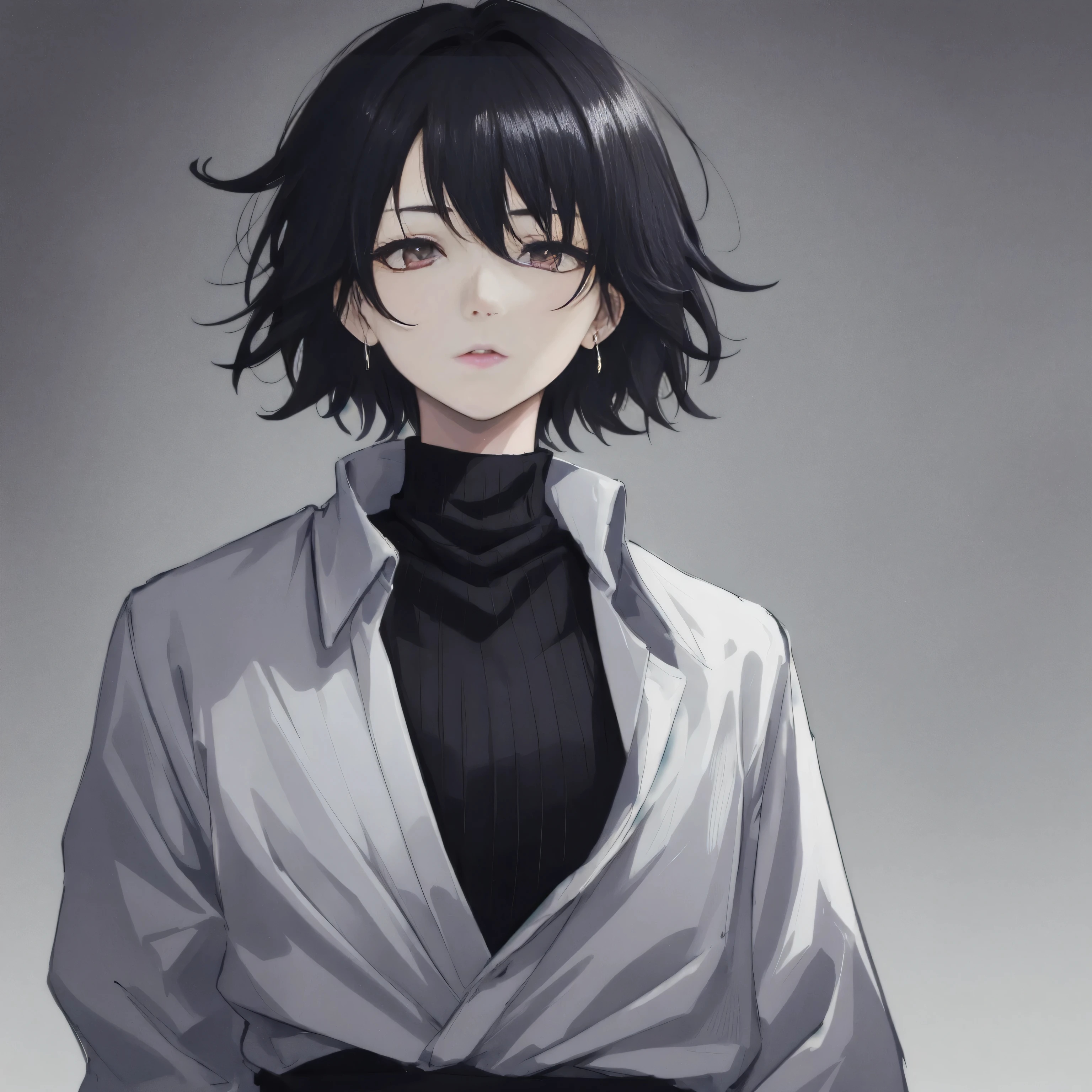 Korean woman, jujutsu kaisen, fair-skinned, messy short hair, black hair, sleek eyes, grunge, aesthetic, dark aesthetic, ominous, well-toned, muscular, mid-20s, stern, solo, messy hair, bedhead, messy strands, tall, tomboy, standing, messy hair, silver necklaces, drop earrings, wild hair, black turtleneck longsleeve collar, white open full-sleeve jacket, closeup, looking away from camera, solo, jujutsu kaisen, head shot