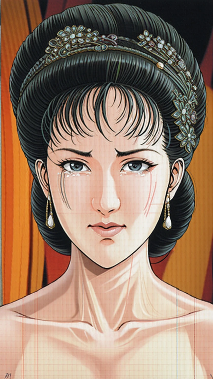 (best quality), (very aesthetic), (ultra-detailed), (best illustration),(a mature female),(perfect face),Suikoden,Mrs. Lin,(NSFW),((full_body)),((full_nude)),((crying)),Covers mouth with right hand,red cheek,sweating,skinny,flushed skin,(hairly pussy),Her breasts are being sucked by a skinny middle-aged man,chinese traditional bed room,overhead view