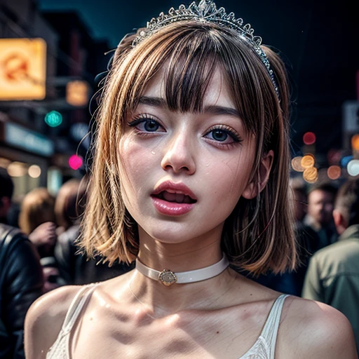 masterpiece of professional Analog photo, realistic and photorealistic with touch of rawness, (a close-up portrait of a tiny princess wearing white thongs on a city street), Dusk violet Sky, intricate lighting effects with light particles, (many colorful lights dazzling bokeh), Traffic lights, a crowd of fashionable street girls in the background, { Childish | Gigantic Cleavage }, (((NOGIZAKA))) Extremely Detailed very KAWAII face variation, perfect anatomy, captivating gaze, elaborate detailed Eyes with (sparkling highlights:1.2), long eyelashes、Glossy RED Lips with beautiful details, Coquettish tongue, Rosy cheeks . (Dynamic joyful expressions), { pleasure in agony | Ecstasy | :D | screaming | Perplexed }, Mystic sight . hair and eye color is same color, { Red leather high collar | Red ribbon }, from diagonally angle. short bob, Tiny princess tiara .