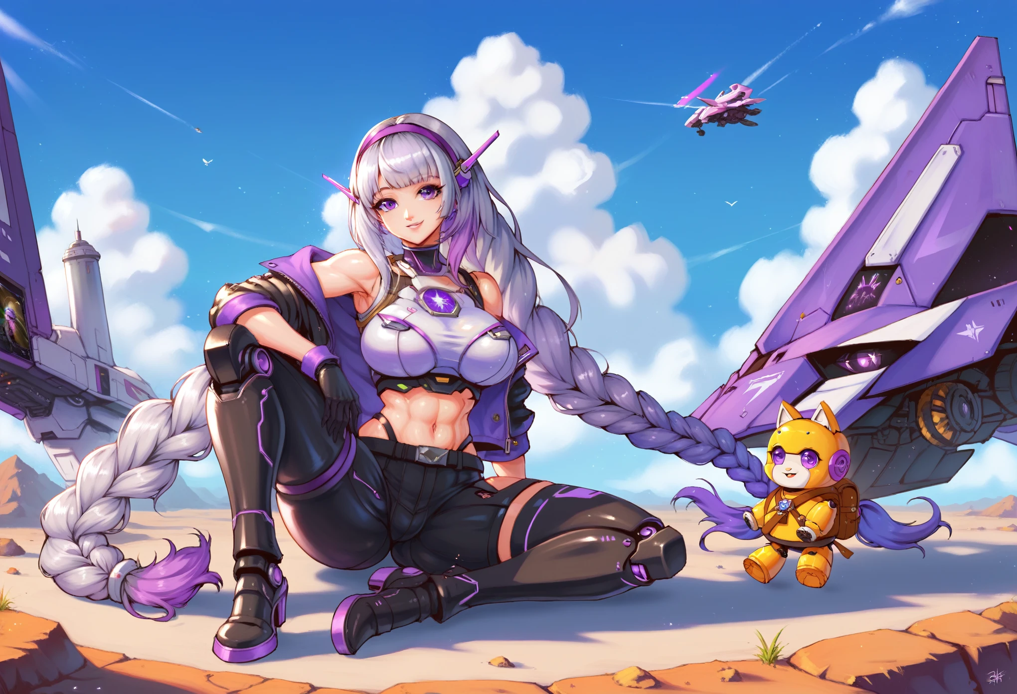score_9,score_8_up,score_7_up,(Couples:1.8,2people:1.8),(1girl an 1man, 1robot:1.8)，(yinji,1girl,bare shoulders,boots,braid,breasts,elbow gloves,full body,gloves,hairband,long hair,looking at viewer,purple eyes,purple hair,smile,solo,thighhighs,twin braids,very long hair,purple_hair,purple_eyes,very_long_hair,grey_hair,braided_ponytail,large_breasts,gradient_hair ),(man,backpack,black hair,black pantslaptops,hand in pocket,jacket,long hair,pants,laptops),blue sky,day,(fighter jets),science fiction,sky,HDR,UHD,8K,best quality,highres,absurdres,(masterpiece:1.6),ultra-fine painting,extreme detail description,Professional,comic,Photographic,analog film,cinematic_lighting,poster,cinematic,fantasyArt,and A male space marine sitting on the planet Mars with his husky dog. They both have laptops in their hands and there is a blue sky behind them. The man has cybernetic implants and futuristic armor on. He is wearing boots. In the style of concept art and video game graphics, with high resolution.
