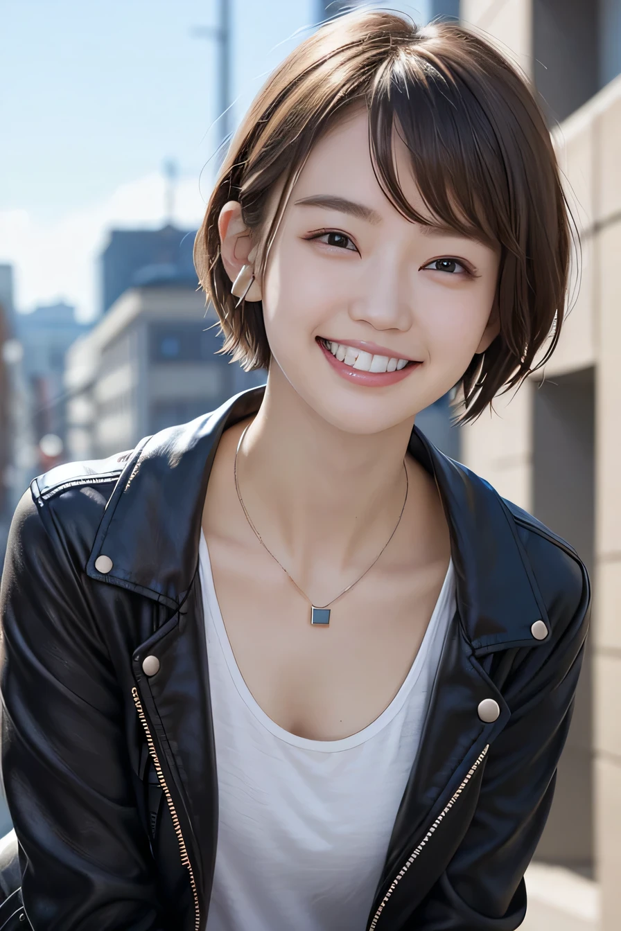 205 ((short hair)), 20-year-old female, In underwear、Leather jacket、Open your mouth、smile、Beautiful teeth alignment、Black Hair、ear piercing、Necklace around the neck、Looking into the camera, The background is the city