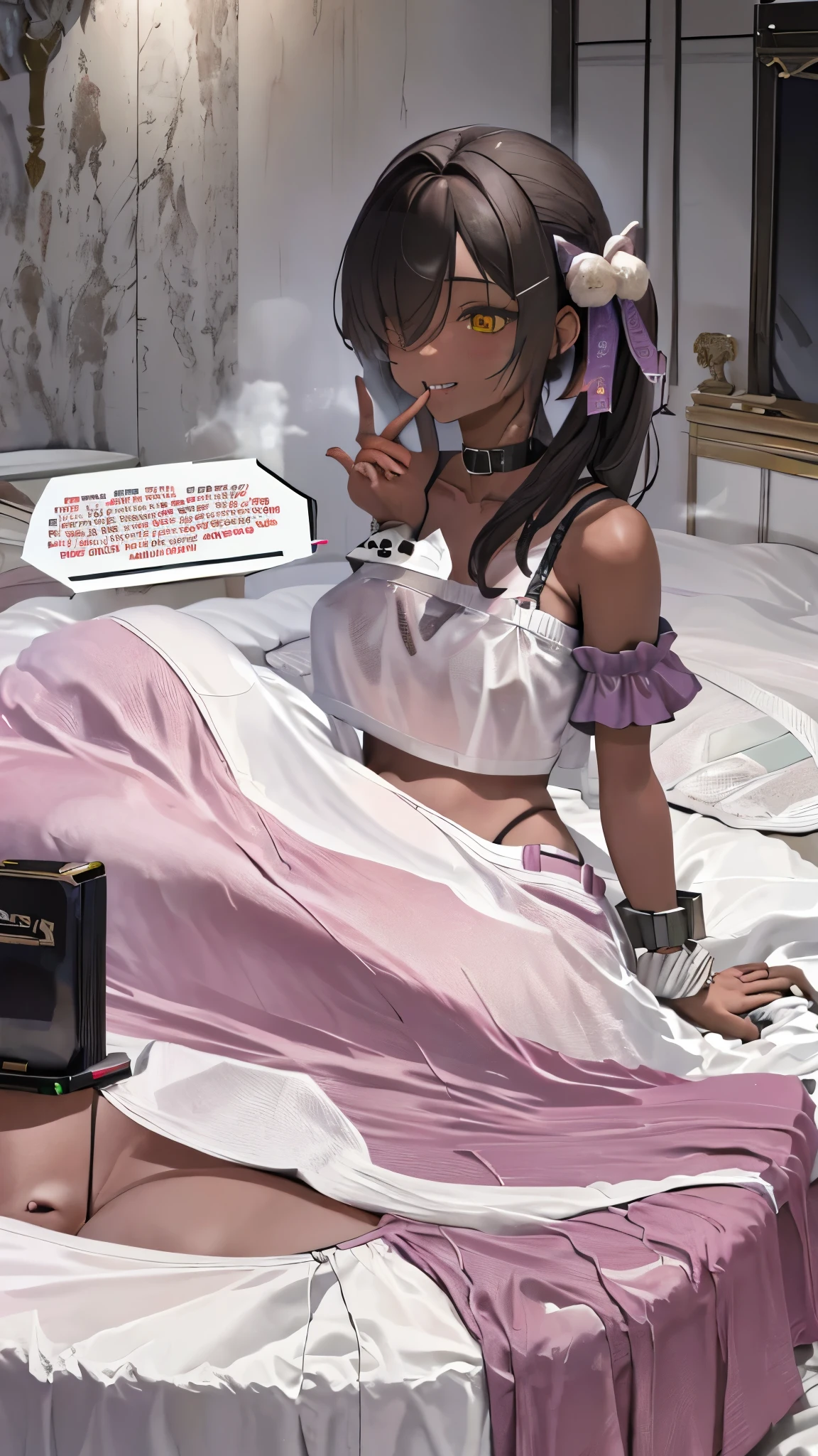 masterpiece、highest quality、highest quality、Accurate the human body、Accurate、Elaborate、masterpiece、Every detail of the face、Jero-tailed tit, Dark Skin, Woman with dark skin, Side Ponytail, hair ornaments, Hair Clip, White shirt, Bra visible through clothes, Chest pocket, Black choker, Blue tie, Purple scrunchie, bracelet, Blue pleated mini skirt, Thigh straps, Detailed Background, whole body, Detailed Background, Leaning forward, alone,Big cleavage、(Super big boobs、Sweat vapor:1.5、Oily skin:1.3)、(Japanese love hotel bedroom:1.5、Lying in a sexy bed、((Many words:1.6、Many heartfelt voices:1.6))、Cute pose、Grin、Mesgaquismiles:1.3 、Double Peace、The beauty of the eight-headed、Mature adult woman、Emotional :1.3、On the bed、sound、sound、Absolutely safe、Small face、Beautiful Girlfriend