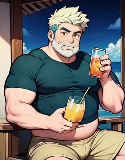 1 chubby man with extremely thick thighs , Careca, obeso, homem de meia idade, camisa branca aberta mostrando a barriga e peitoral usando apenas sunga vermelha e meias, parado na rua, looking at the sky, noite, luz do sol brilhante, Paradisiacal beach setting , Only plump chubby extremely thick thighs large belly fat age 65 elderly bearded old man, usando apenas sunga branca,((Various colored hair strands, fios do cabelo branco ou vermelho ou verde ou cinza ou azul ou laranja ou amarelo)) he is holding a glass of drinks, he is holding a glass of drink, he is holding a bottle of drink, he is holding a shop mug.