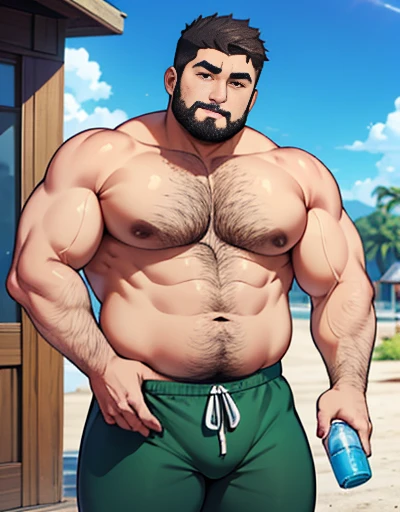 1 chubby man with extremely thick thighs , Careca, obeso, homem de meia idade, camisa branca aberta mostrando a barriga e peitoral usando apenas sunga vermelha e meias, parado na rua, looking at the sky, noite, luz do sol brilhante, Paradisiacal beach setting , Only plump chubby extremely thick thighs large belly fat age 65 elderly bearded old man, usando apenas sunga branca,((Various colored hair strands, fios do cabelo branco ou vermelho ou verde ou cinza ou azul ou laranja ou amarelo)) he is holding a glass of drinks, he is holding a glass of drink, he is holding a bottle of drink, he is holding a shop mug.