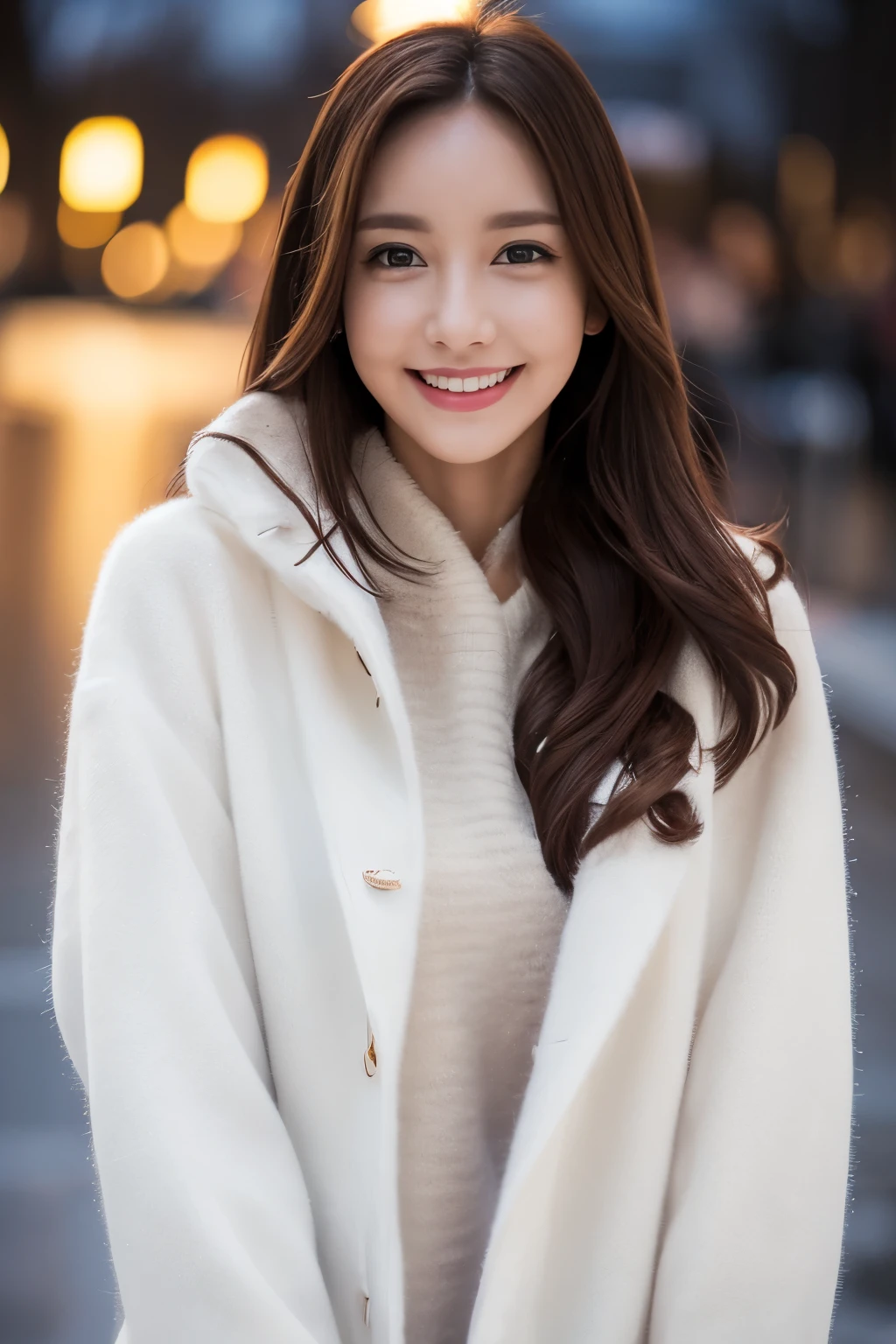 1girl in, (Wearing a white coat:1.2), (Raw photo, Best Quality), (Realistic, Photorealsitic:1.4), master piece, Extremely delicate and beautiful, Extremely detailed, 2k wallpaper, amazing,((white sweater)) ,finely detail, the Extremely Detailed CG Unity 8K Wallpapers, Ultra-detailed, hight resolution, Soft light, Beautiful detailed girl, extremely detailed eye and face, beautiful detailed nose, Beautiful detailed eyes, Cinematic lighting, Winter Night View, illuminations, Perfect Anatomy, Slender body, Smiling,((winter)),