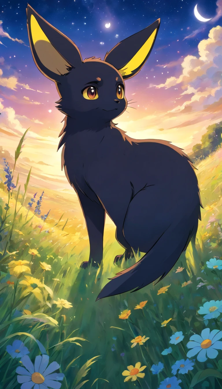Create an illustration of Umbreon from Pokémon, set in a vast meadow under the moonlight. Umbreon should be looking up at the sky, surrounded by tall grass and wildflowers. The art style should resemble Studio Ghibli, with detailed, lush backgrounds and a whimsical, magical atmosphere. The moon should be bright and full, casting a soft glow over the scene