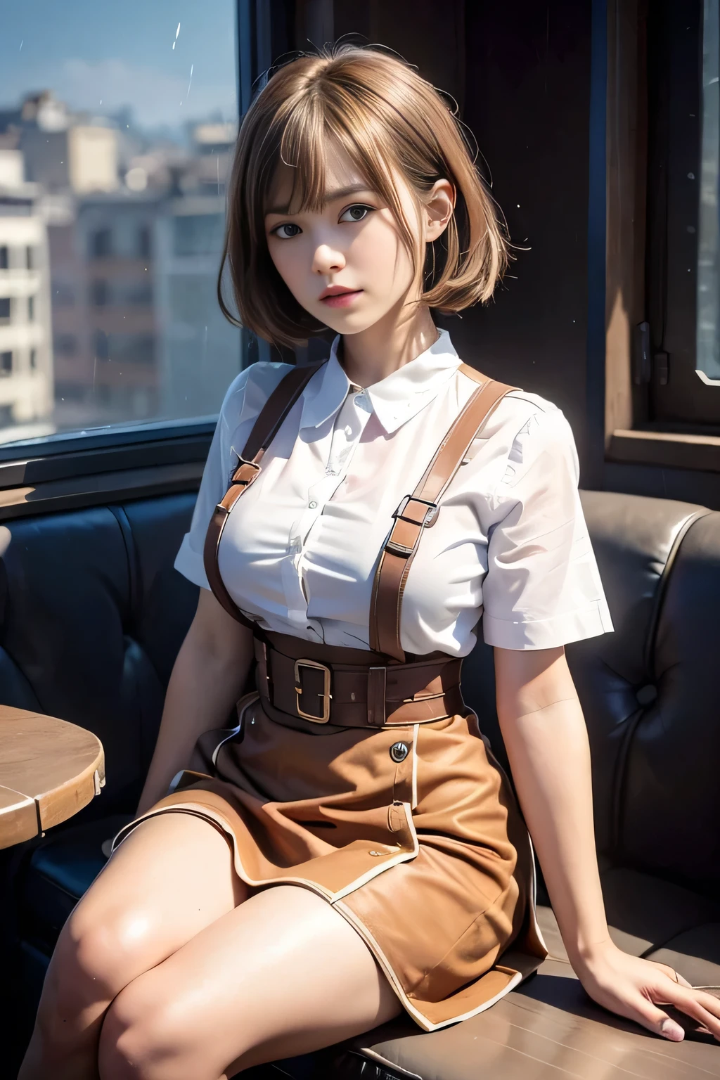 top-quality, masterpiece, high-detail, 16k image, Beautiful , Medium bob hair,beautiful hair of light brown color, beautiful eyes of light brown, (plump big breasts), High School Uniforms, Constricted waist, White blouse with short sleeves, pleatedskirt, High school girl sitting by window in café, red blush, Behind the window, Rain falls softly, City lights create a beautiful scene, (Large Breasts), (Slim Body), (Good fingers),