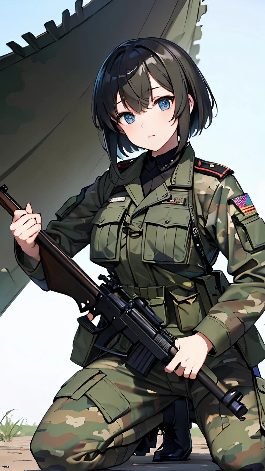 ((best quality)), ((masterpiece)), (detailed), perfect face, perfect detailed eyes, perfect detailed face, Military uniforms, military, Camouflage uniform, rifle in hand, kneeling