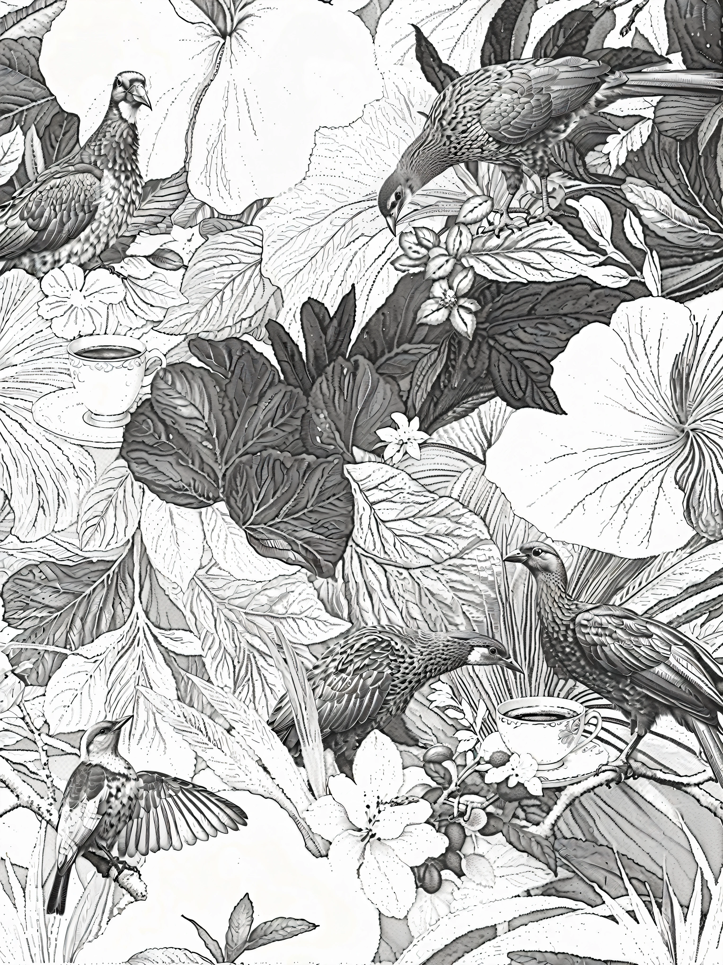 there are many birds that are sitting on the flowers, line - art, black and whitehighly detailed, engraving illustration, black and white detailed sketch, highly detailed linework, black and white engraving, sketch black and white colors, highly detailed drawing, botanic foliage, botanical background, extremely detailed linework, black on white line art, black and white line art, a flock of beautiful birds sitting on colorful flowers and coffee cups, black and white line art, highly detailed engraving illustration, victorian style, intricate detailed sketch, chiaroscuro lighting, photorealistic, (best quality,4k,8k,highres,masterpiece:1.2),ultra-detailed,(realistic,photorealistic,photo-realistic:1.37)