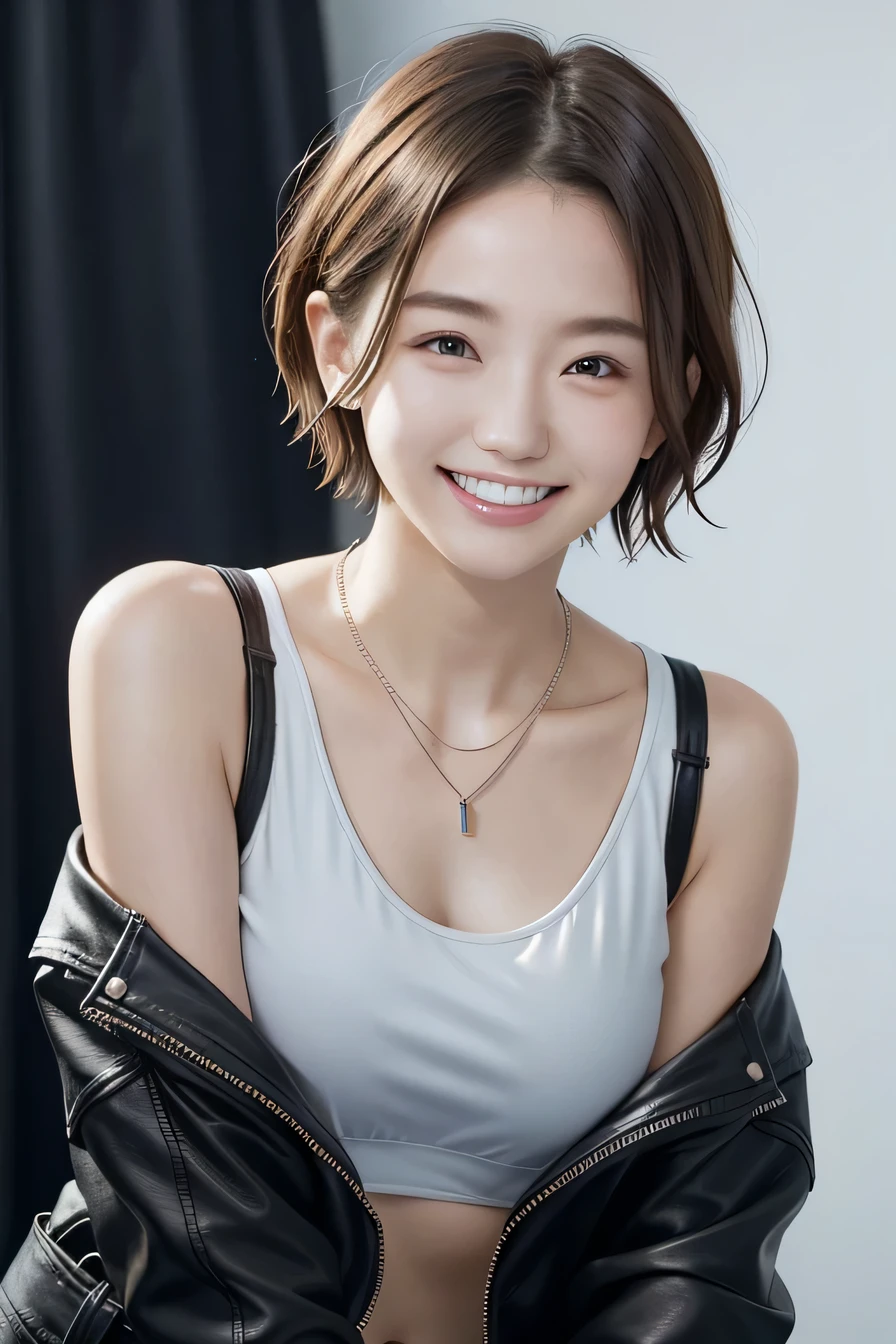 205 ((short hair)), 20-year-old female, In underwear、Leather jacket、（Show only one shoulder）smile、Beautiful teeth alignment、Black Hair、ear piercing、Necklace around the neck、Looking into the camera, The background is the city

