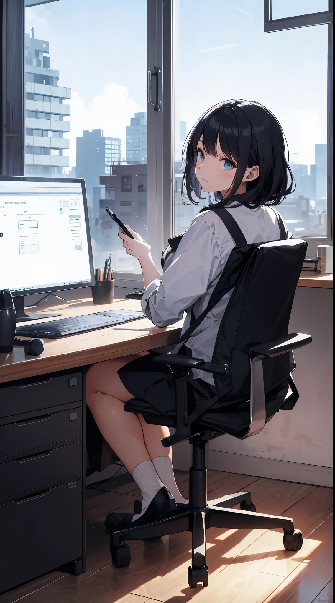This illustration depicts a cute girl working in an office in a high-rise building, at a moment when she is tired of the situation. She is working on her laptop and is facing the monitor. His eyes are shining. Inside the room are piles of documents, an office desk and chair, a monitor, etc. However, the most notable thing is the "final mysterious high-energy body" she emits. This energy body is released from her body and has the power to obliterate the garbage in the room. emits a pale, white light that reaches every corner of the room. The view from the window is a night view. A girl with a satisfied expression is sitting.