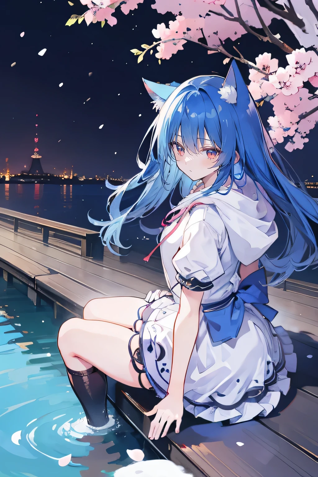 (masterpiece:1.2),Super detailed,lifelike,Expressive eyes,fair skin,perfect face shape,1 girl,
Japanese comics,Gorgeous blue hair,flowing blue hair,flowing clothes,Cat ears,Petals fall,beautiful lola,Baby Angel,
Shaking head with one hand,Cross your legs,Gentle and peaceful background,The pavilion is cool and comfortable,smile, wearing hoodie, background of tokyo,back views,snowing, winter,lie on the water.