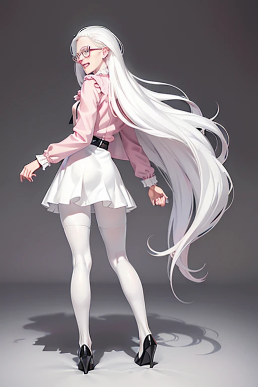 (back view),(pink clothing), Cute 18 yo (albino:1.4)woman of Slavic descent.(short:1.1), , long white hair, gray eyes, ((very pale:1.4)). Innocent look. Gentle spirit.(virgin), (joy),(laughter:1.3). (Playful:1.2). Mascara, eyeglasses, necklace, jacket, blouse, ruffle dress, (black pantyhose), high heels.