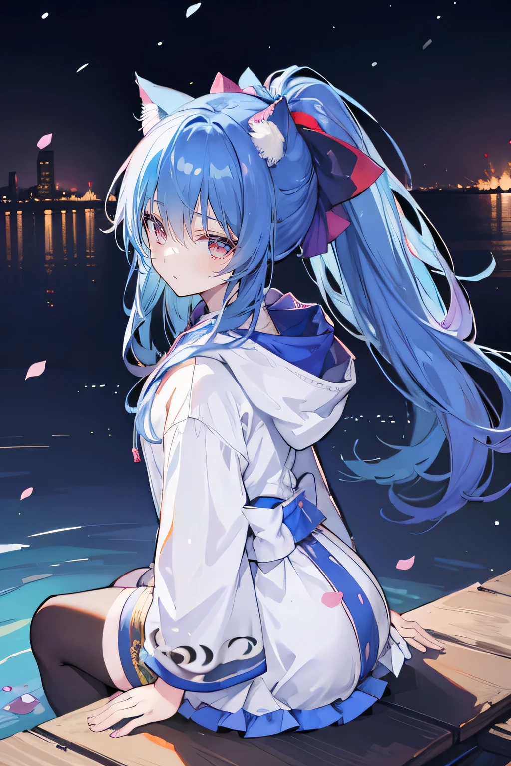 (masterpiece:1.2),Super detailed,lifelike,Expressive eyes,fair skin,perfect face shape,1 girl,
Japanese comics,Gorgeous blue hair,flowing blue hair,flowing clothes,Cat ears,Petals fall,beautiful lola,Baby Angel,
Shaking head with one hand,Cross your legs,Gentle and peaceful background,The pavilion is cool and comfortable,smile, wearing hoodie, background of tokyo,back views,snowing, winter,lie on the water.