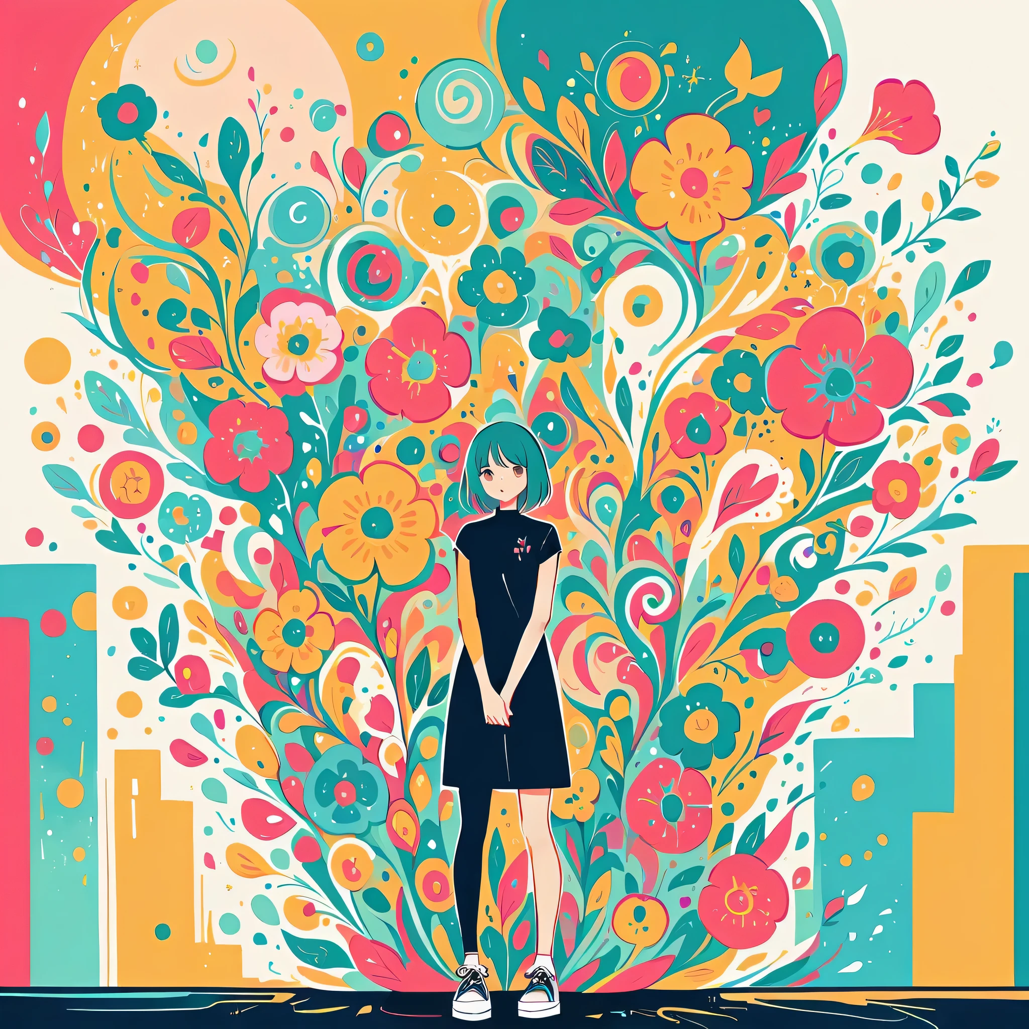 Watase Seizo style, Standing in front of a high wall，Simple Line Initialism，Abstract art，Urban Background, (((The most beautiful girl))),  colorful flowers