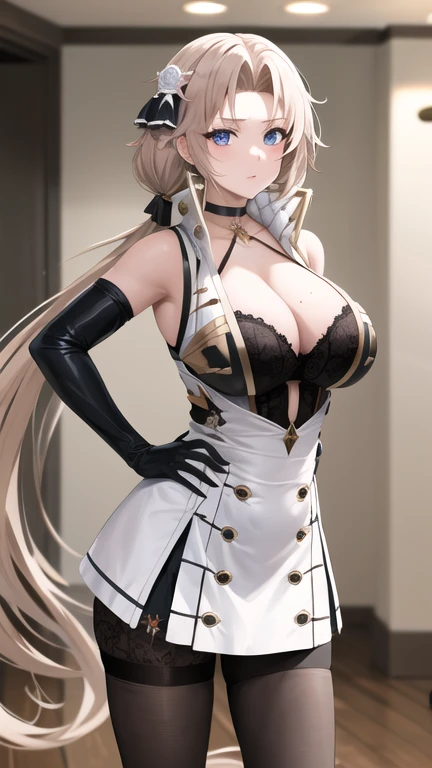 masterpiece, best quality, highres, Kronshtadt, very long hair, low twintails, hair ornament, black choker, high collar, cleavage, white dress, sleeveless, elbow gloves, black gloves, black pantyhose, standing, indoors, hand on hip,