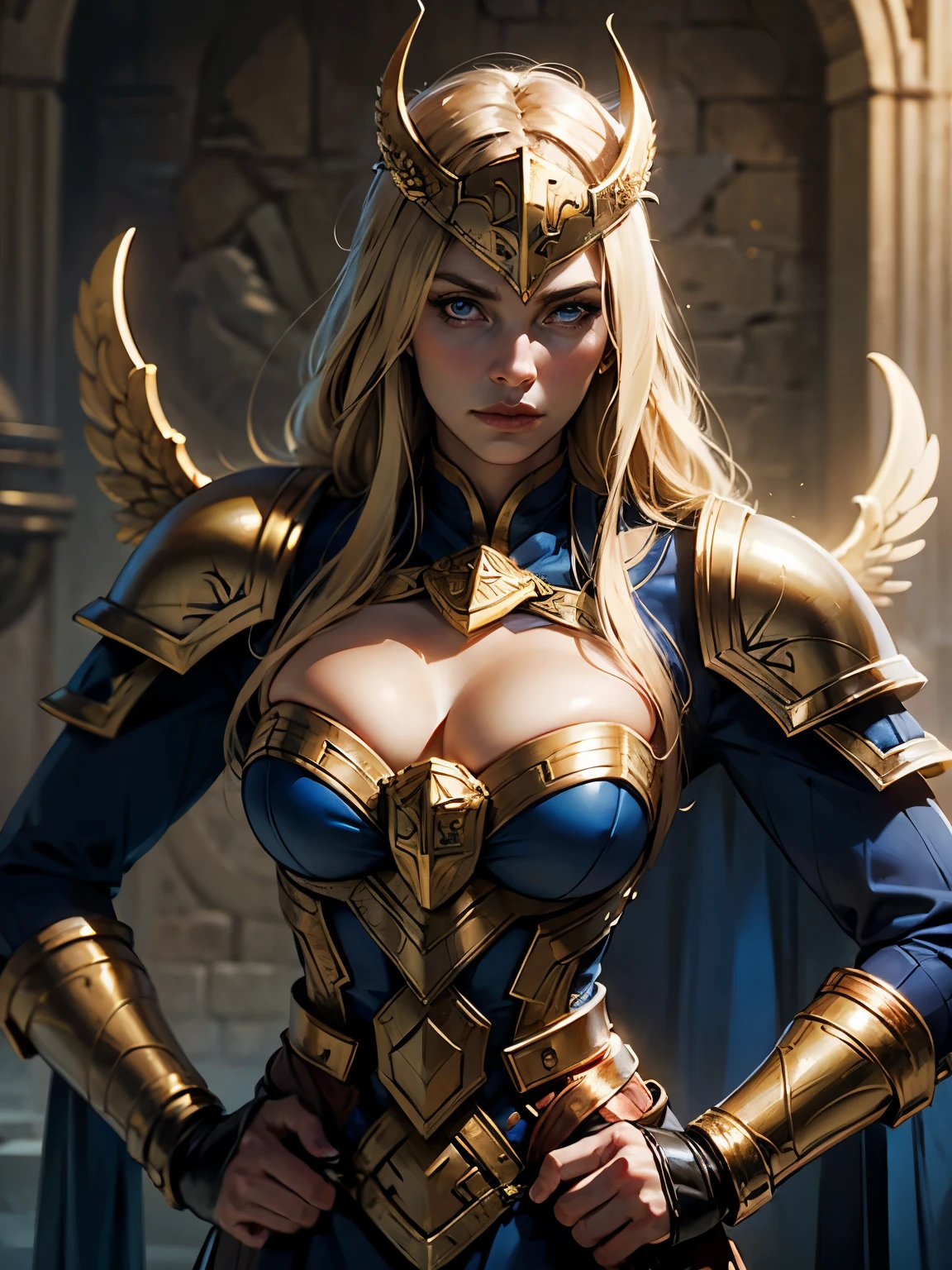 a blonde Asgardian heroine. She wears dark blue armor, gold trim, (((Norse helm with gold wings))), armored glove, deep v neck. stern expression. blond hair, long hair, blue eyes, (detailed eyes, detailed face), detailed hands, pretty face, round cheeks, soft face. heavy gauntlet covers one hand, armoured boots.  Show her in a heroic pose with hands on her hips. castle ruins background.