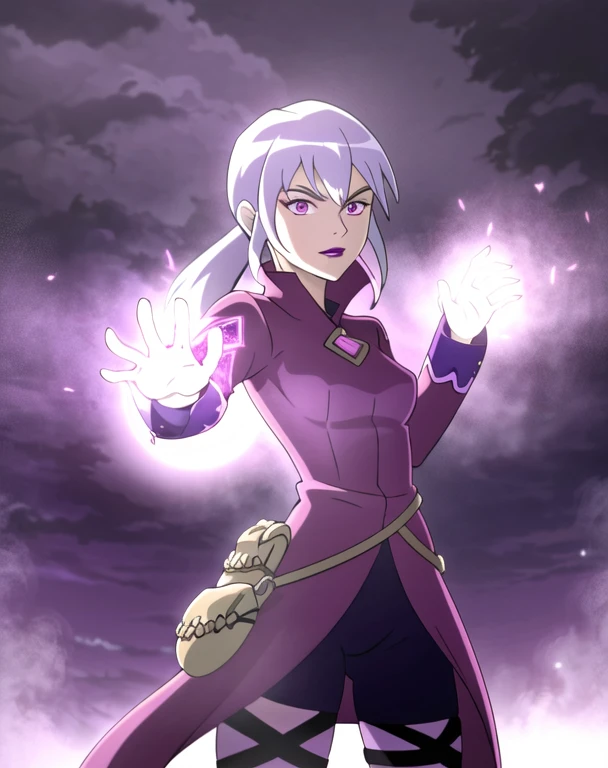 (cowboy shot), sfw, (masterpiece), (best quality:1.0), (ultra highres:1.0), detailed eyes, BREAK Charmcaster, 1girl, low ponytail, bangs, pink eyes, lipstick, magenta coat, bodysuit, dark purple tights, thigh straps, pouch belt, both hands glowing bright purple, purple magic, bright purple sparks in both hands, BREAK (city, nighttime, gloomy and isolated tone, outdoors, dark clouds in the sky, purple lighting, gorgeous view)
