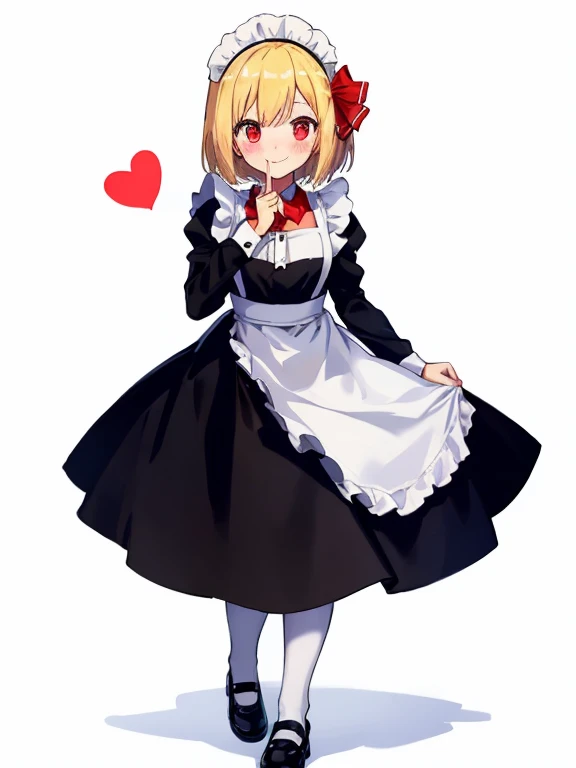 rumia,1girl, , holding skirt, solo, blond hair, red eyes, flatchest, young, white_background, heart, full_body, simple_background, black_footwear, maid, long_sleeves, maid_headdress, smile, alternate_costume, black_dress, closed_mouth, mary_janes, white_pantyhose, white_apron, red_bow, standing, looking_at_viewer, ribbon, blush, maid_apron
star-shaped_pupils,symbol-shaped_pupils,. gorgeous,key visual, vibrant, studio anime,award-winning, professional, highly detailed,high budget, cinemascope,