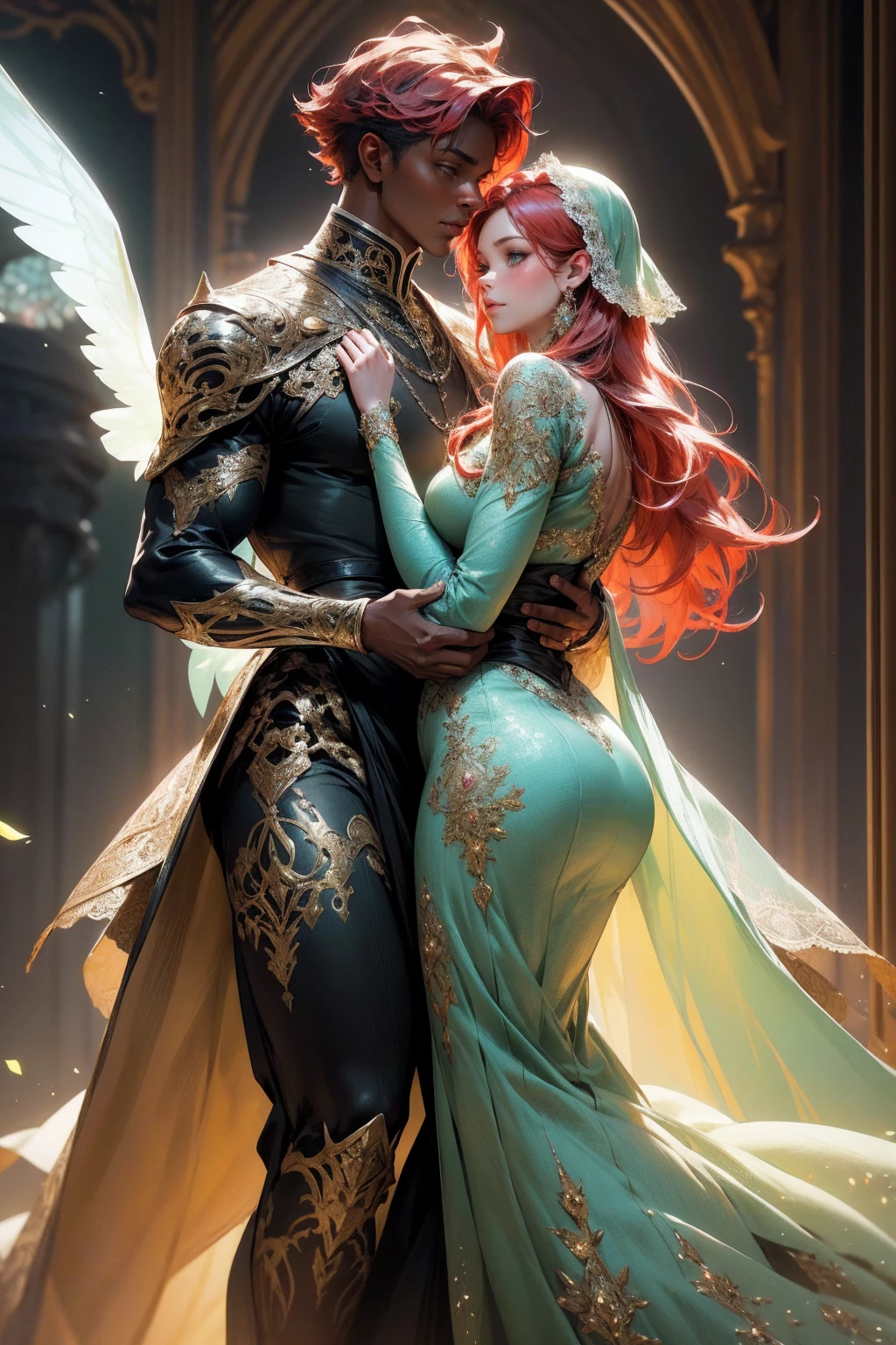 {-erro_de_anatomia:1.0} (best quality,4k,8k,highres,masterpiece:1.2), ultra-detailed, (realistic,photorealistic,photo-realistic:1.37), mature milf, illyasviel von einzbern, red hair, upper body, vibrant colors, glowing skin, mesmerizing eyes, brown eyes, elegant pose, enchanting background, delicate lace dress, green dress, surreal lighting, ethereal atmosphere, mystical aura, intricate details, artistic medium, digital illustration, fantasy, anime, walking on nature, dancing with a beautiful black man (black skin)