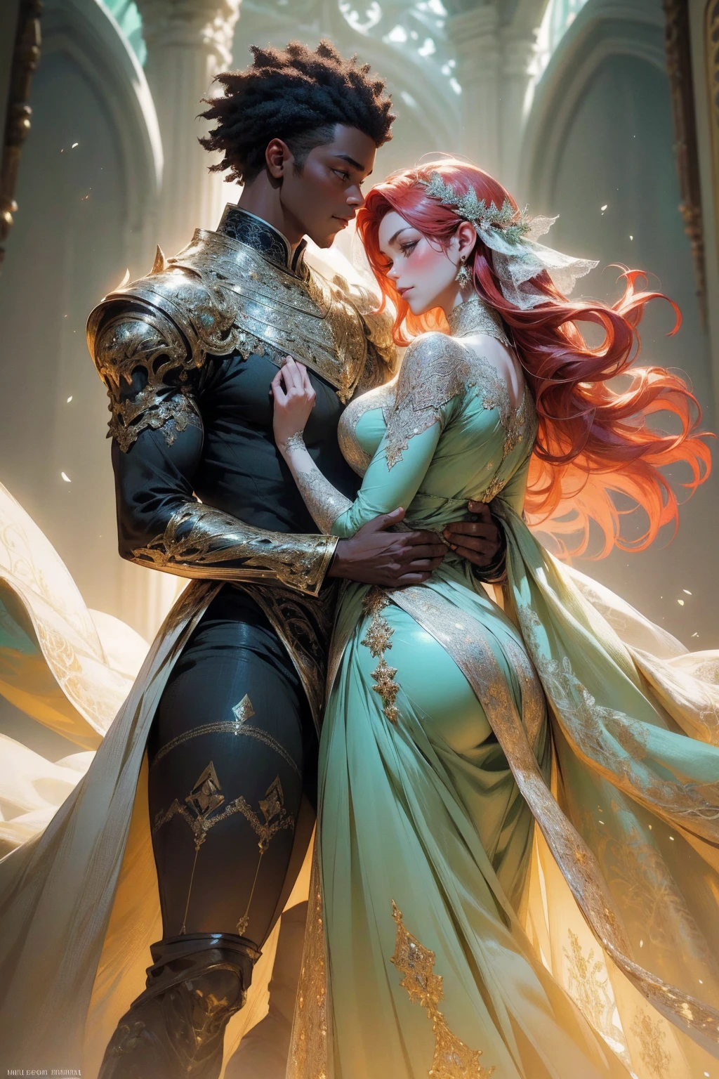 {-erro_de_anatomia:1.0} (best quality,4k,8k,highres,masterpiece:1.2), ultra-detailed, (realistic,photorealistic,photo-realistic:1.37), mature milf, illyasviel von einzbern, red hair, upper body, vibrant colors, glowing skin, mesmerizing eyes, brown eyes, elegant pose, enchanting background, delicate lace dress, green dress, surreal lighting, ethereal atmosphere, mystical aura, intricate details, artistic medium, digital illustration, fantasy, anime, walking on nature, dancing with a beautiful black man (black skin)