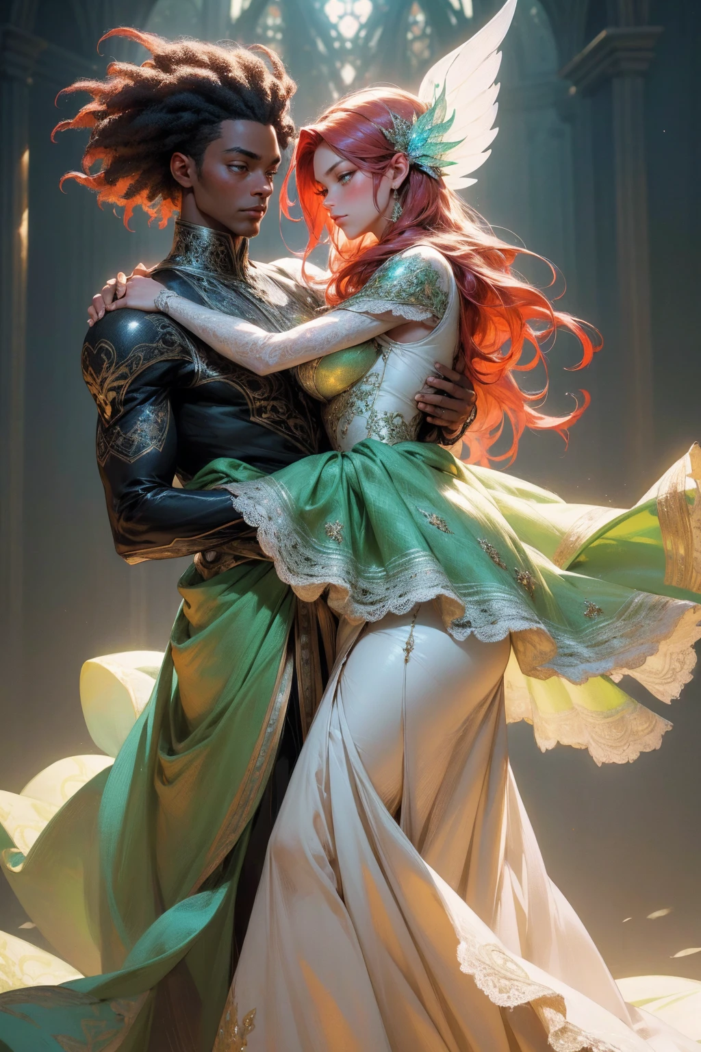 {-erro_de_anatomia:1.0} (best quality,4k,8k,highres,masterpiece:1.2), ultra-detailed, (realistic,photorealistic,photo-realistic:1.37), mature milf, illyasviel von einzbern, red hair, upper body, vibrant colors, glowing skin, mesmerizing eyes, brown eyes, elegant pose, enchanting background, delicate lace dress, green dress, surreal lighting, ethereal atmosphere, mystical aura, intricate details, artistic medium, digital illustration, fantasy, anime, walking on nature, dancing with a beautiful black man (black skin)