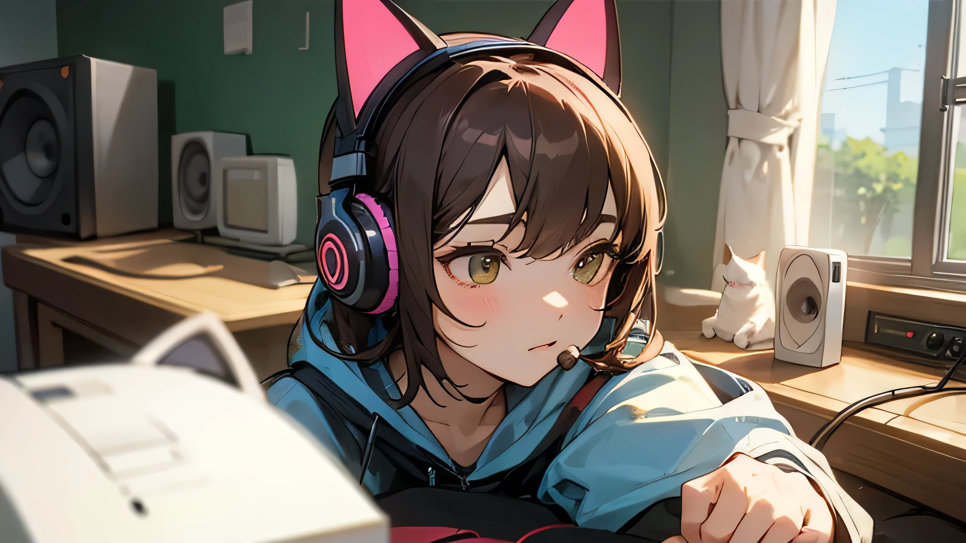 Room with speakers、Cat with headphones、Upper body close-up