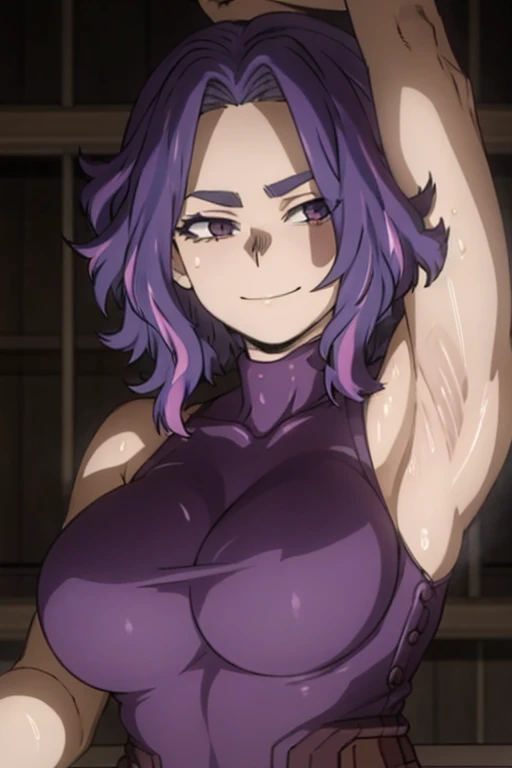 Selfie shot, detailed face, upper body view, detailed body, 4k, Lady Nagant, best quality, anime style, hires, highest definition, digital blending, bold drawing lines, ((), (slender body), mature woman, (female wrestler, purple dress), cheerful, gorgeous, smile, (closed mouth), (pale skin, shiny skin, lighting and shadow), (cleavage), (clean face), (warming up), closed fists, (purple hair, curly hair, short hair), 27 years old, sexy, armpits, sweaty armpits