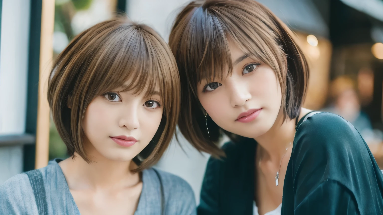 super high quality, Fashion Model, short hair, thin, (8k、RAW Photos、highest quality、masterpiece:1.2), Japanese Idols, Serious expression, Shaggy, Brown Hair, Stylish cafe, Fashion magazine shooting, People having fun at cafe々々々々Vibrant., (Realistic、Realistic:1.37), Beautiful Face , Normal chest, Urban Cafe, A gentle gaze, Spring Clothes, appropriate clothing,