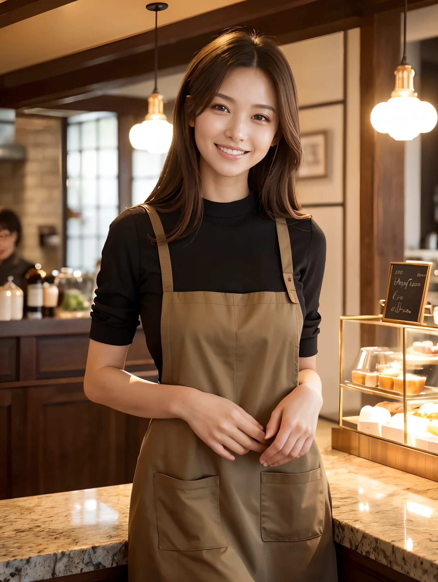 (highest quality、Tabletop、8k、Best image quality、Award-winning works)、Woman working in a café、(The perfect brown apron:1.1)、(The perfect brown apron:1.1)、(wide々She is standing elegantly in a modest cafe..:1.3)、(A classy shirt and apron:1.1)、(Big Breasts:1.1)、(Accentuate your body lines:1.1)、Beautiful woman portrait、The most elegant and cozy cafe、The most natural cafe, Perfectly organized、The most atmospheric and warm lighting、Stylish and elegant cafe、Strongly blurred background、Look at me and smile、(Accurate anatomy:1.2)、Ultra high resolution perfect beautiful teeth、Ultra-high definition beauty face、Ultra HD Hair、Ultra HD The Shining Eyes、The Shining, Super high quality beautiful skin、Super high quality glossy lip