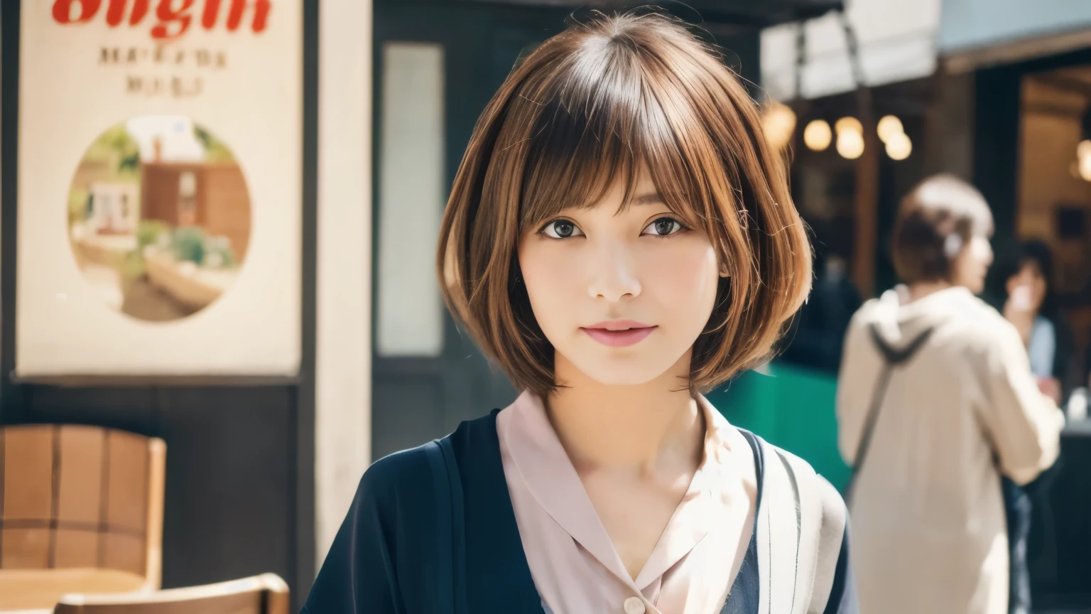 super high quality, Fashion Model, short hair, thin, (8k、RAW Photos、highest quality、masterpiece:1.2), Japanese Idols, Serious expression, Shaggy, Brown Hair, Stylish cafe, Fashion magazine shooting, People having fun at cafe々々々々Vibrant., (Realistic、Realistic:1.37), Beautiful Face , Normal chest, Urban Cafe, A gentle gaze, Spring Clothes, appropriate clothing,