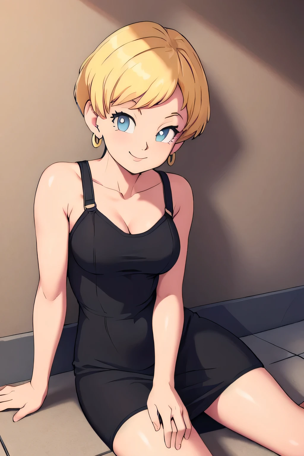 masterpiece, best quality, erasa, blonde hair, earrings, medium breasts, strap skin tight black dress, sleeveless, light smile, sitting, on ground, soild wall,