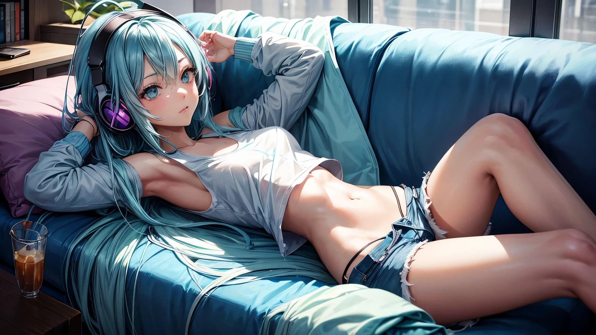 Create an image of a beautiful, erotic anime girl with long  blue hair, showing her stomach, relaxing in a cozy lounge. She is wearing a cutoff shirt and shorts, with headphones on, enjoying her music while on the couch. The lounge has warm, dim lighting, plush seating, and personal items scattered around, creating a sense of intimacy and relaxation