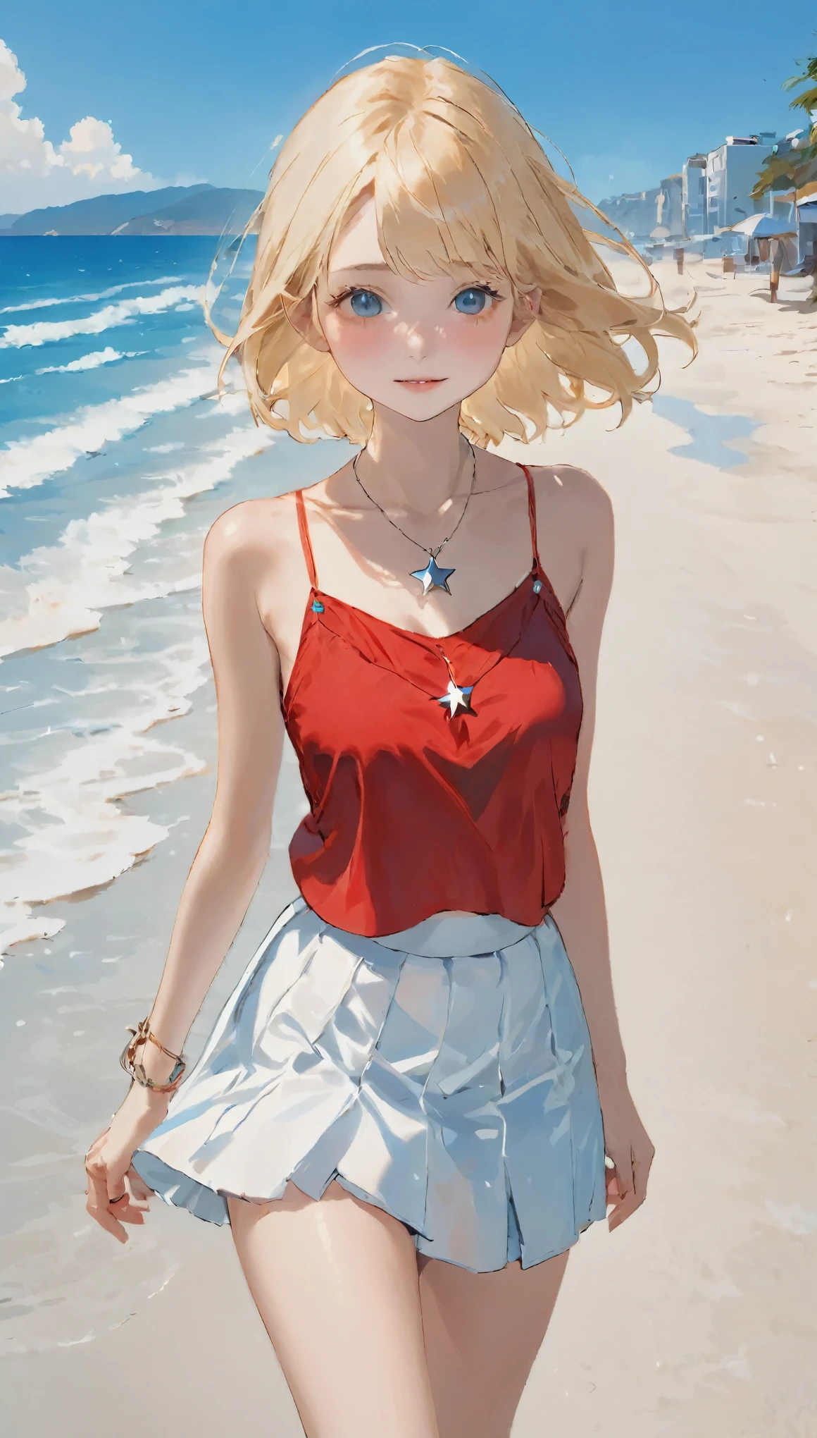 Full Body Shot、oil、masterpiece、highest quality、High resolution、Blonde、Hair length、White mini skirt、Red camisole、small、Sweaty skin、coastal、Beach、blue sky、Long and beautiful legs、Star Necklace、I narrowed my eyes.、Clear appearance、Red eyes、Red eyebrows、Narrow eyes