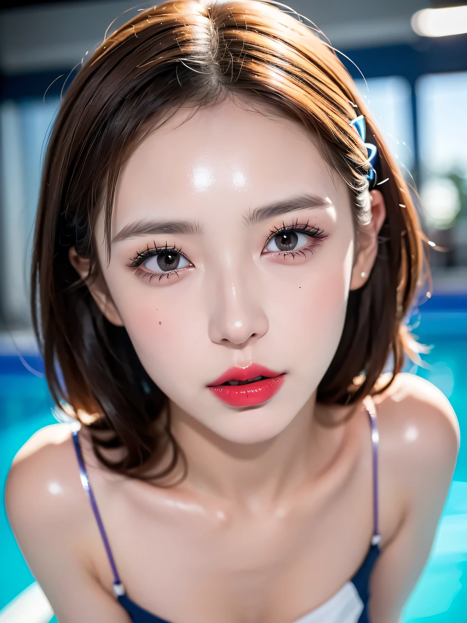 ((Near the huge summer pool)), Real、8k、 ((Anatomically correct)), ((Perfect balance)) , 28 years old、1 female、round face、、Cute Smile、 A close-up of her face:0.6, Top quality soft lighting, ((realistic perfectly round brown_eye:1.3、Big Eyes、Dripping eye)), (Light pale complexion), ((Detailed pupils:1.4)), (Perfect Makeup:1.3), (Symmetrical lips:1.3)),(Bright shiny red_lipstick:1.35), ((Blue eyelashes: 1.17)), (Very detailed, Beautiful little nose:1.2), (Perfect composition), ((Sunburned skin:1.28)), ((Oily skin)), ((The blackＹshirt, The blackチューブトップブラジャー) , The background is simple and blue, The gaze is directed downwards at a low angle、 (((Anatomically correct)))、（Perfect Body Proportions)、(Natural Hands、Natural Fingers、Natural Legs)