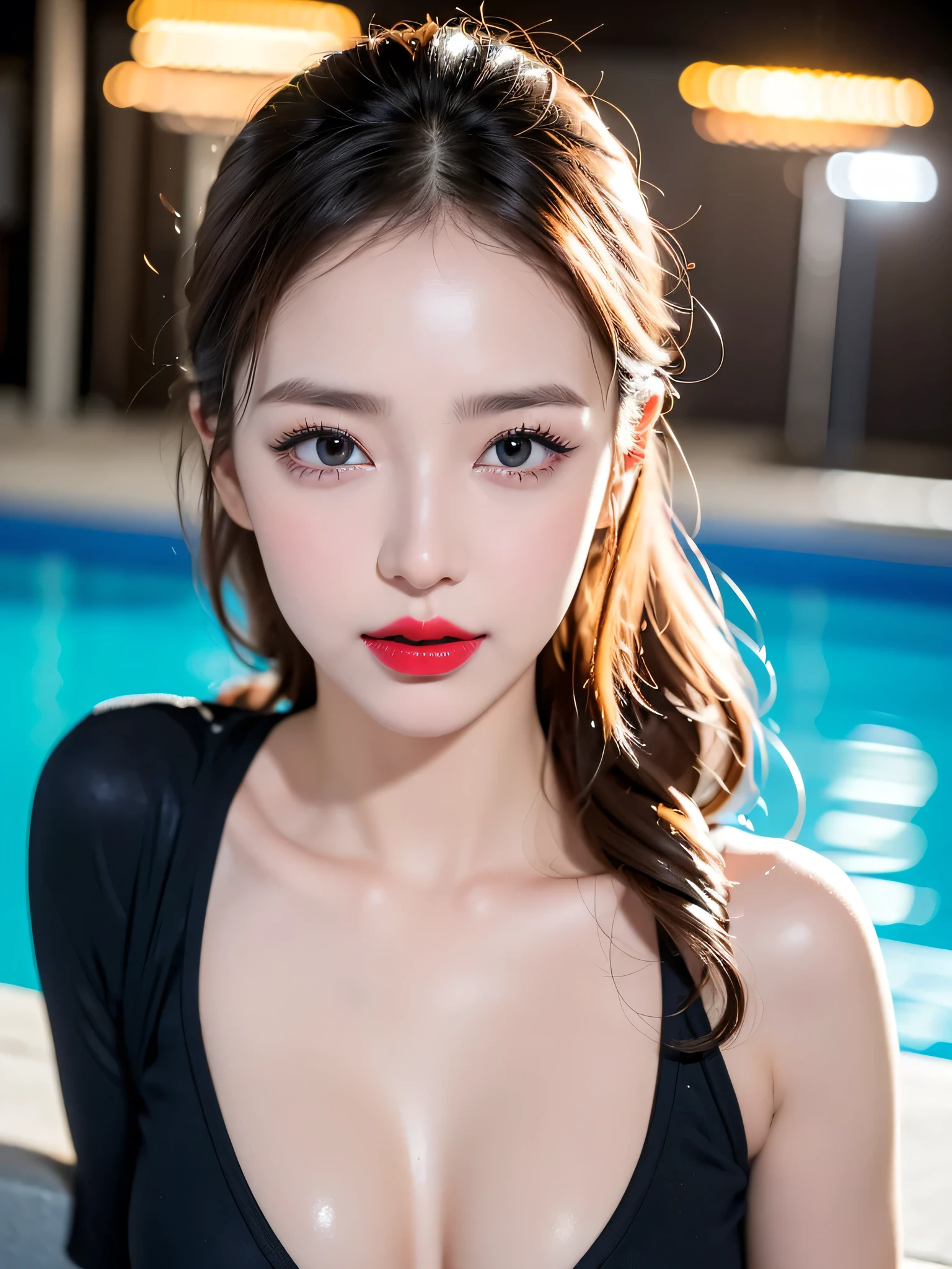 ((Near the huge summer pool)), Real、8k、 ((Anatomically correct)), ((Perfect balance)) , 28 years old、1 female、round face、Baby Face、Cute Smile、 A close-up of her face:0.6, Top quality soft lighting, ((realistic perfectly round brown_eye:1.3、Big Eyes、Dripping eye)), (Light pale complexion), ((Detailed pupils:1.4)), (Perfect Makeup:1.3), (Symmetrical lips:1.3)),(Bright shiny red_lipstick:1.35), ((Blue eyelashes: 1.17)), (Very detailed, Beautiful little nose:1.2), (Perfect composition), ((Sunburned skin:1.28)), ((Oily skin)), ((The blackＹshirt, The blackチューブトップブラジャー) , The background is simple and blue, The gaze is directed downwards at a low angle、 (((Anatomically correct)))、（Perfect Body Proportions)、(Natural Hands、Natural Fingers、Natural Legs)