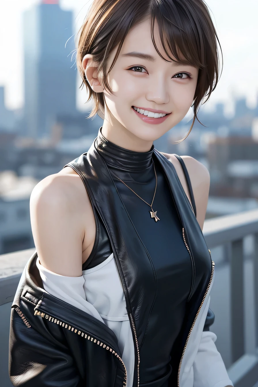 205 ((short hair)), 20-year-old female, In underwear、Leather jacket、（Show only one shoulder）smile、Beautiful teeth alignment、Black Hair、ear piercing、Necklace around the neck、Looking into the camera, The background is the city

