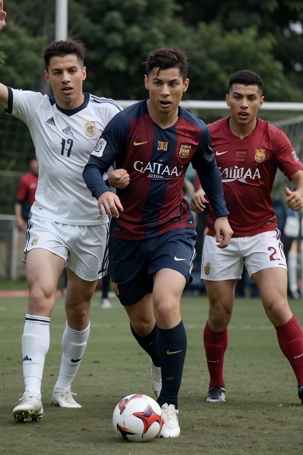 lionel messi cristiano ronaldo e albert ainstein jogando futebol
