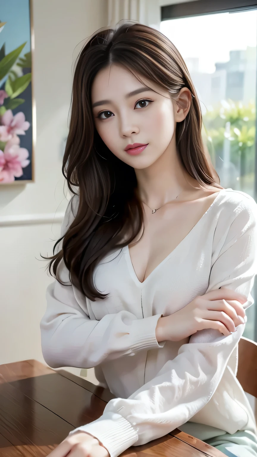 Masterpiece、Best Quality、Illustration、 Super detailed、Fine details、 High resolution、8K Denden Wallpaper、Perfect dynamic composition、Small breasts、31 year old beautiful mature woman、clear、Detailed face、Detailed eyes、Textured skin、A faint smile、Bold sexy pose、Spring long sleeve blouse、