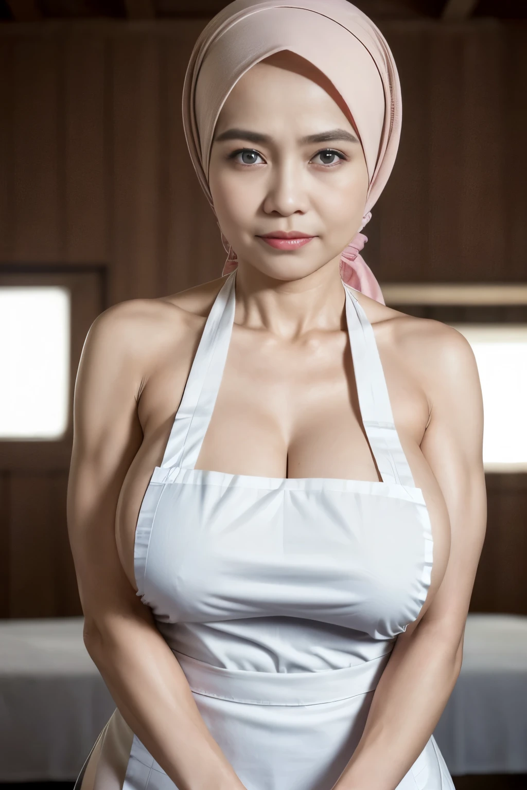 ((Old Lady:1.5)), ((SHORT HIJAB)), ((Gigantic tits:1. 3)), (dynamic photograph of a 58 year old Indonesian woman), (slim top, cotton panties), (straight non curly hair), (highly detailed face:1.4), (vascular muscles and abs:1.3), (background inside light, bright, private gym:1.1), (8k, uhd, dslr, high quality, cinematic lighting, bokeh), (dramatic, award winning photography, incredible masterpiece:1.3), (((sexy sultry stare at camera:0.8))), ((she is ready to dominate you:0.5)), ((beautiful feminine face)), add_detail:1, (((NAKED wearing huge mini apron only))),