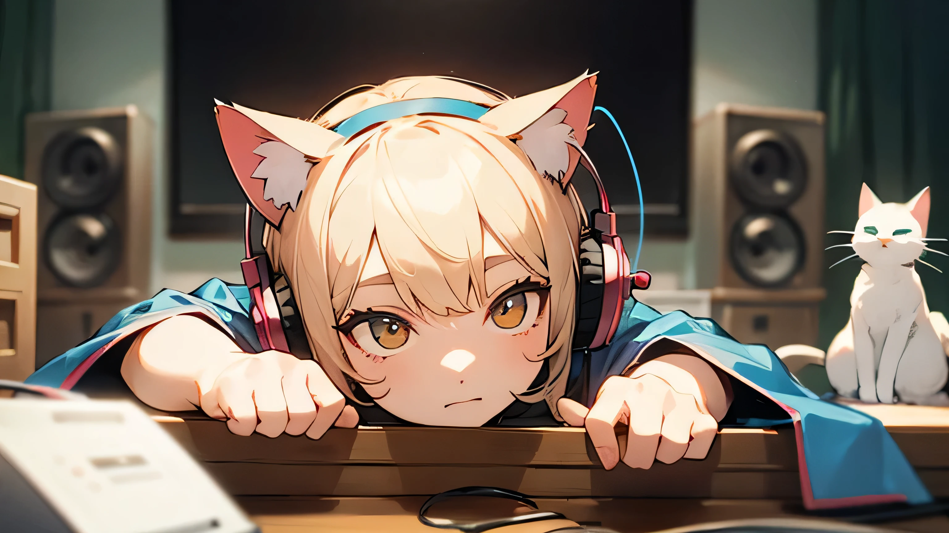 Room with speakers、Cat with headphones、Upper body close-up