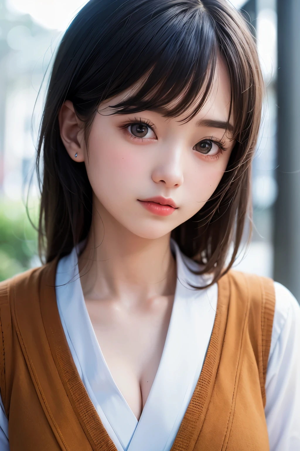 (1 nogizaka girl,raw photo,photo realistic:1.5),(best quality, high quality,HDR, highest quality,ultra high resolution,high resolution,high res,ultra high difinition,huge file size,8K,2K wallpaper,8K wallpaper,high quality texture,amazing,an extremely delicate:1.4),one girl, Japanese famous idol,beautiful face,small face,absurd,ridiculous,incredibly ridiculous,portrait,breasts close up,blurry background,(kimono,cleavage,no makeup:1.2),medium skin,beautiful skin,detailed skin,small head,black hair,silky hair,(Japanese eyes,almond eyes:1.5),detailed eyes,black eyes,Japanese idol eyes,Japanese nose,5-fingers,(eyebrow:-0.5),(Light Particles, Lens Flare, Luminous Particles: 0.7),looking at viewer,bright lighting,professional lighting,girl