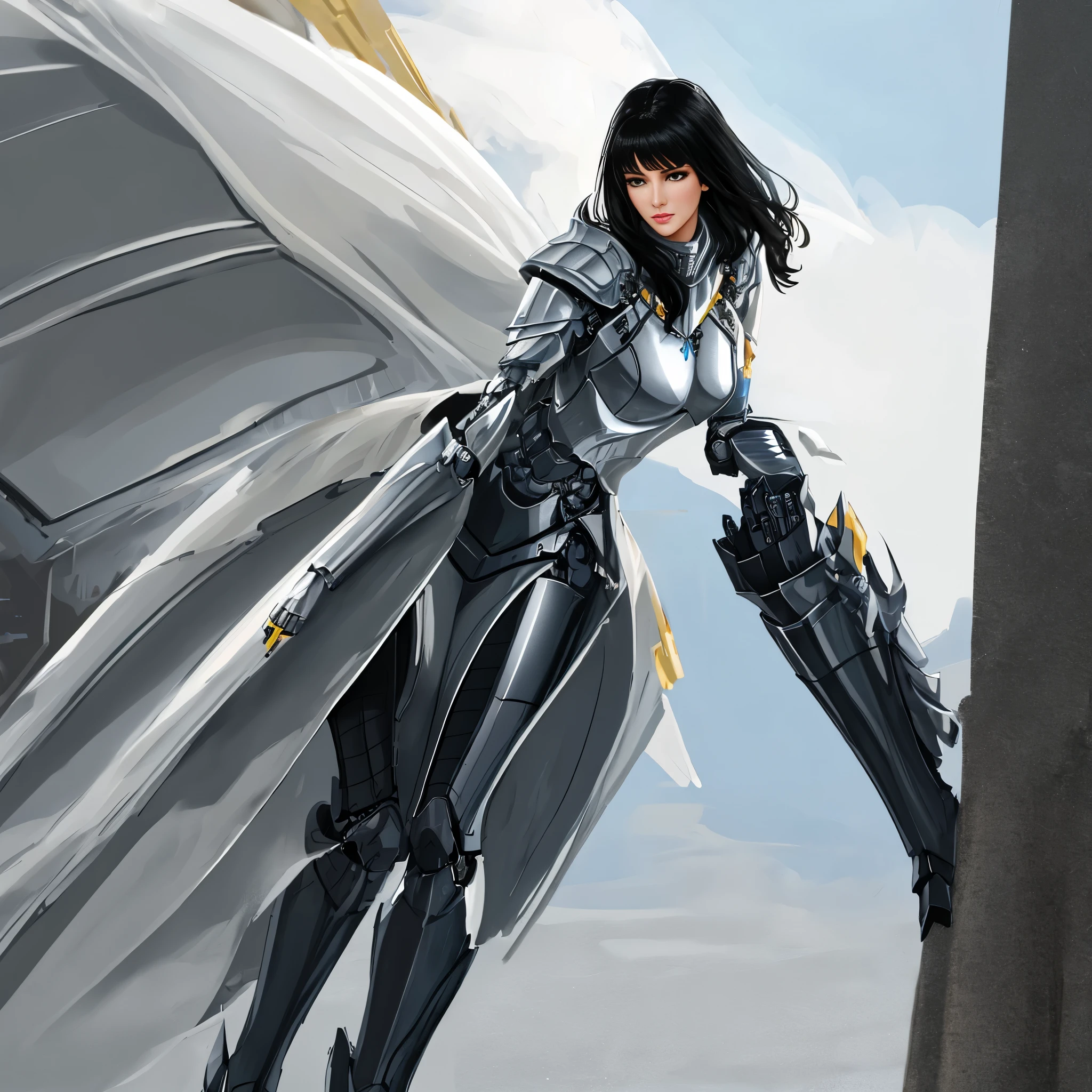 Beautiful tall woman with robotic armor with super realistic and well detailed black hair.