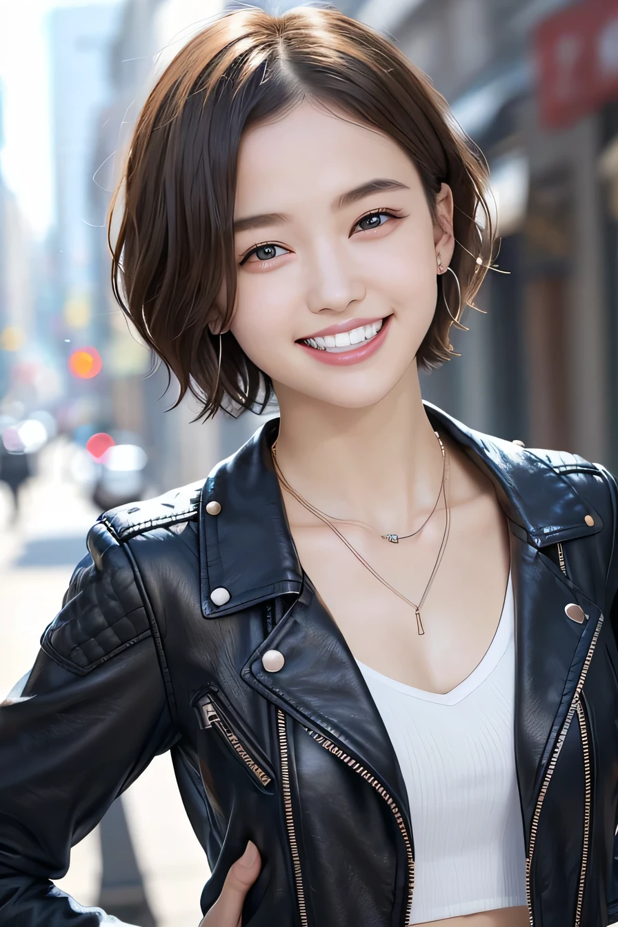205 ((short hair)), 20-year-old female, In underwear、Leather jacket、（Show your shoulders）smile、Beautiful teeth alignment、Black Hair、ear piercing、Necklace around the neck、Looking into the camera, The background is the city

