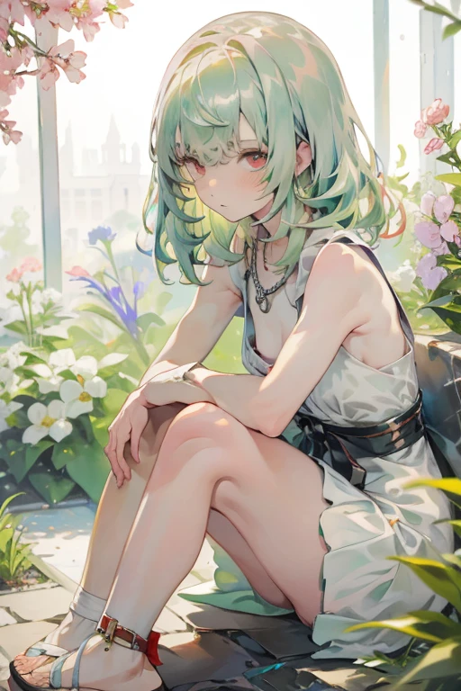 masterpiece, key anime visual, HDR, best quality, hi-res, (anime girl with red eyes and white skin), adolescent, (((light green hair))), (((straight hair that goes to her knees))), wearing a plain white sleeveless mini dress, wearing tan sandals with no socks, (((small breast))), in a garden, ((sitting)), happy emotion, cute, looking up at camera, body angled, bangs left, asymmetrical bang, wavy fringe on both sides of her face cut to her shoulders, 1 silver heart necklace on thin silver chain,