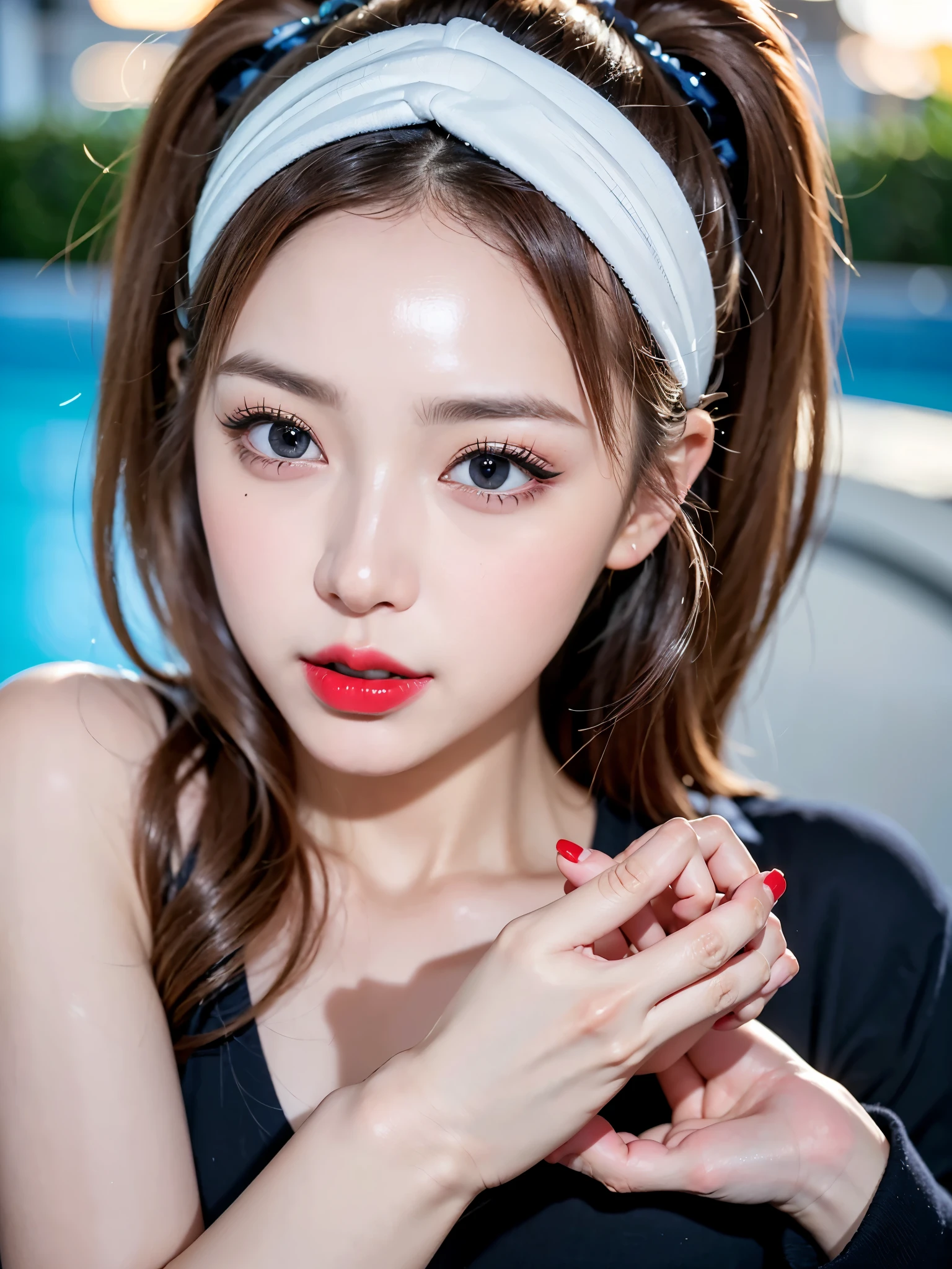 ((Near the huge summer pool)), Real、8k、 ((Anatomically correct)), ((Perfect balance)) , 42 years old、1 female、round face、Baby Face、Cute Smile、 A close-up of her face:0.6, Top quality soft lighting, ((realistic perfectly round brown_eye:1.3、Big Eyes、たれeye)), (Light pale complexion), ((Detailed pupils:1.4)), (Perfect Makeup:1.3), (Symmetrical lips:1.3)),(Bright shiny red_lipstick:1.35), ((Blue eyelashes: 1.17)), (Very detailed, Beautiful little nose:1.2), (Perfect composition), ((Sunburned skin:1.28)), ((Oily skin)), ((The blackＹshirt, The blackチューブトップブラジャー) , The background is simple and blue, The gaze is directed downwards at a low angle、 (((Anatomically correct)))、（Perfect Body Proportions)、(Natural Hands、Natural Fingers、Natural Legs)